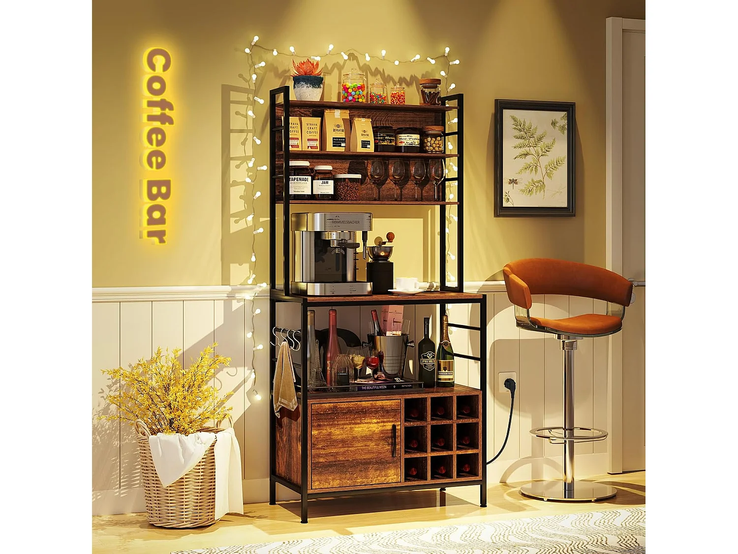 Keukenrek met stopcontact, wijnrek voor 9 flessen, staand rek met kast,magnetronrek met metalen frame, bakkersrek voor keuken, 80 x 40 x 170 cm (bruin)VH33775