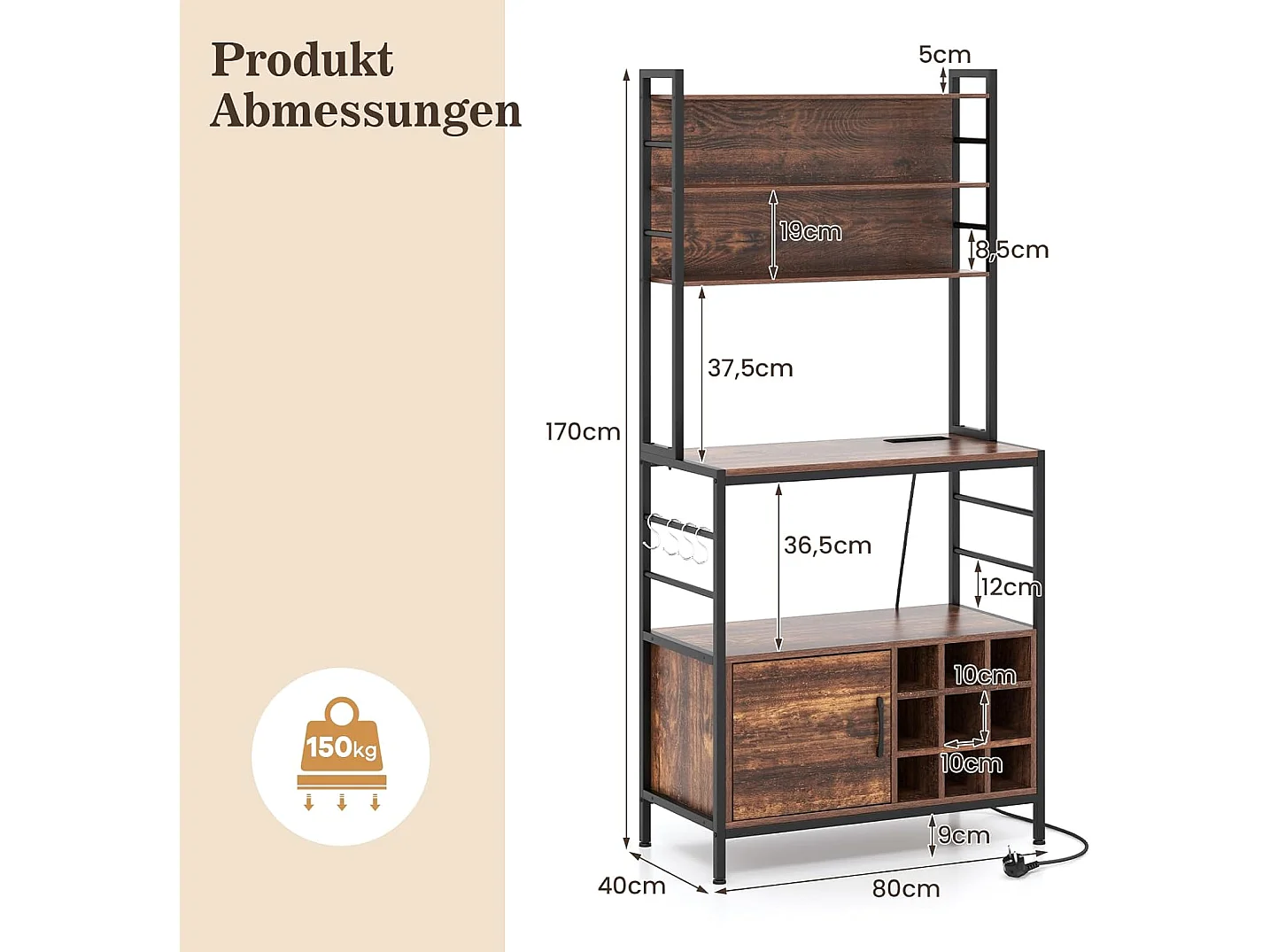 Keukenrek met stopcontact, wijnrek voor 9 flessen, staand rek met kast,magnetronrek met metalen frame, bakkersrek voor keuken, 80 x 40 x 170 cm (bruin)VH33775