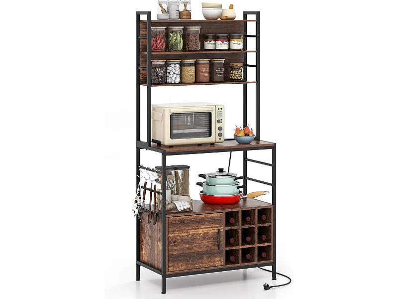 Keukenrek met stopcontact, wijnrek voor 9 flessen, staand rek met kast,magnetronrek met metalen frame, bakkersrek voor keuken, 80 x 40 x 170 cm (bruin)VH33775