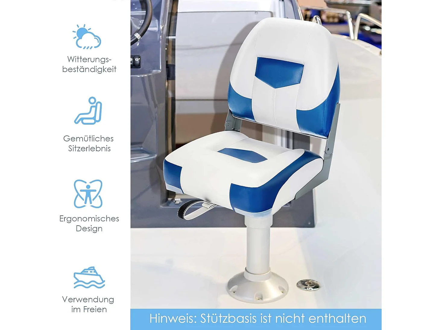 Set van 2 bootstoelen inklapbaar, bootstoel met 11 cm dikke sponsvulling, gevoerde stuurstoel, blauw-wit, 50 x 42 x 52 cmZB32669