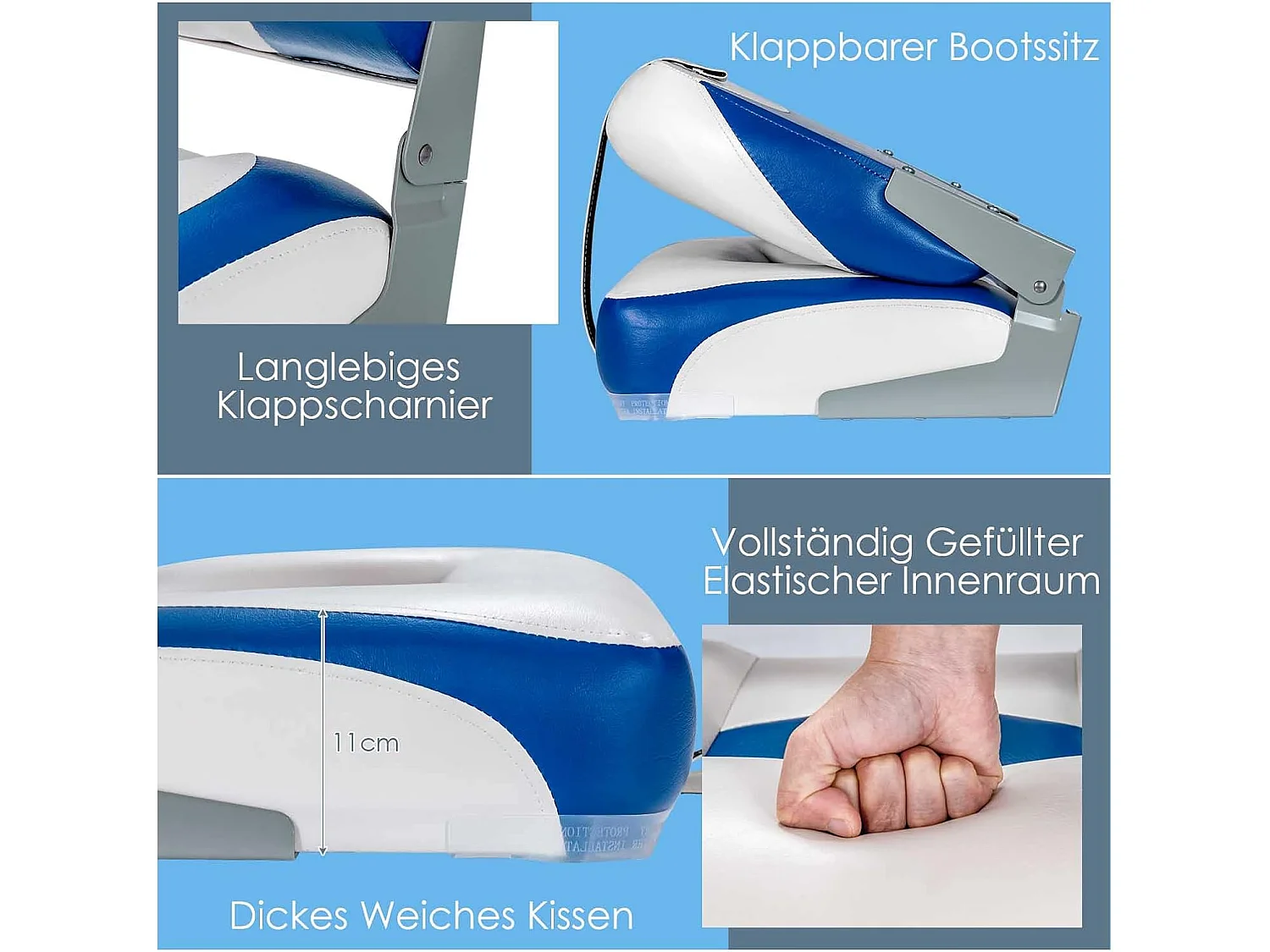 Set van 2 bootstoelen inklapbaar, bootstoel met 11 cm dikke sponsvulling, gevoerde stuurstoel, blauw-wit, 50 x 42 x 52 cmZB32669