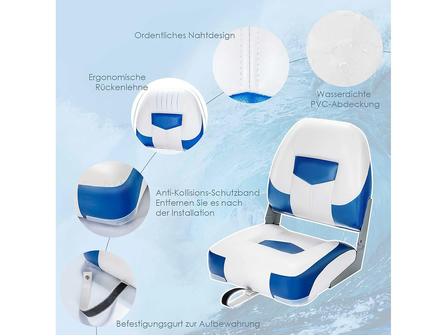 Set van 2 bootstoelen inklapbaar, bootstoel met 11 cm dikke sponsvulling, gevoerde stuurstoel, blauw-wit, 50 x 42 x 52 cmZB32669