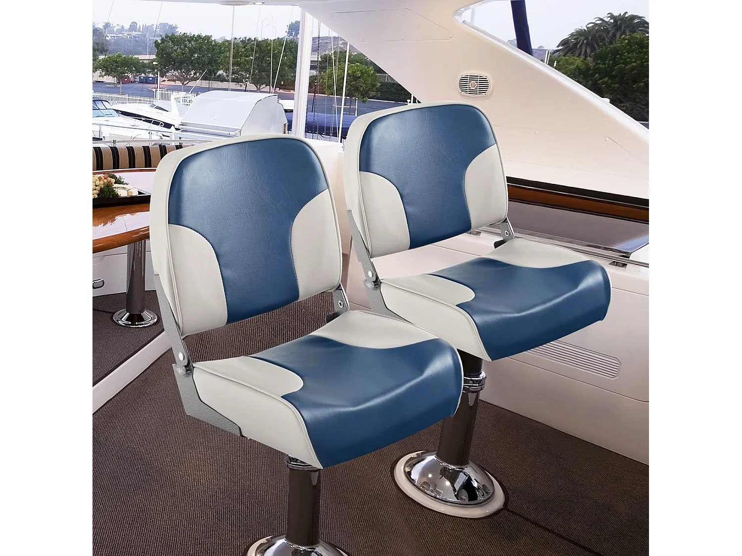 Inklapbare bootstoel, stuurstoel met 12 cm dikke schuimvulling en zachte bekleding, set van 2 stoelen, blauw-greige, 49 x 41 x 47 cmZB33274