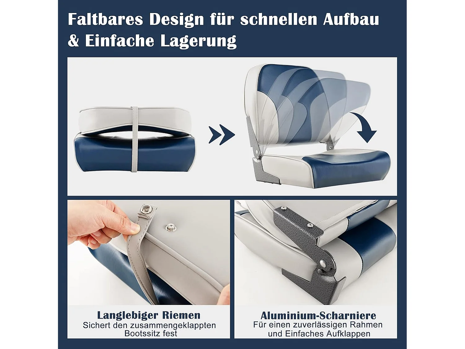 Inklapbare bootstoel, stuurstoel met 12 cm dikke schuimvulling en zachte bekleding, set van 2 stoelen, blauw-greige, 49 x 41 x 47 cmZB33274