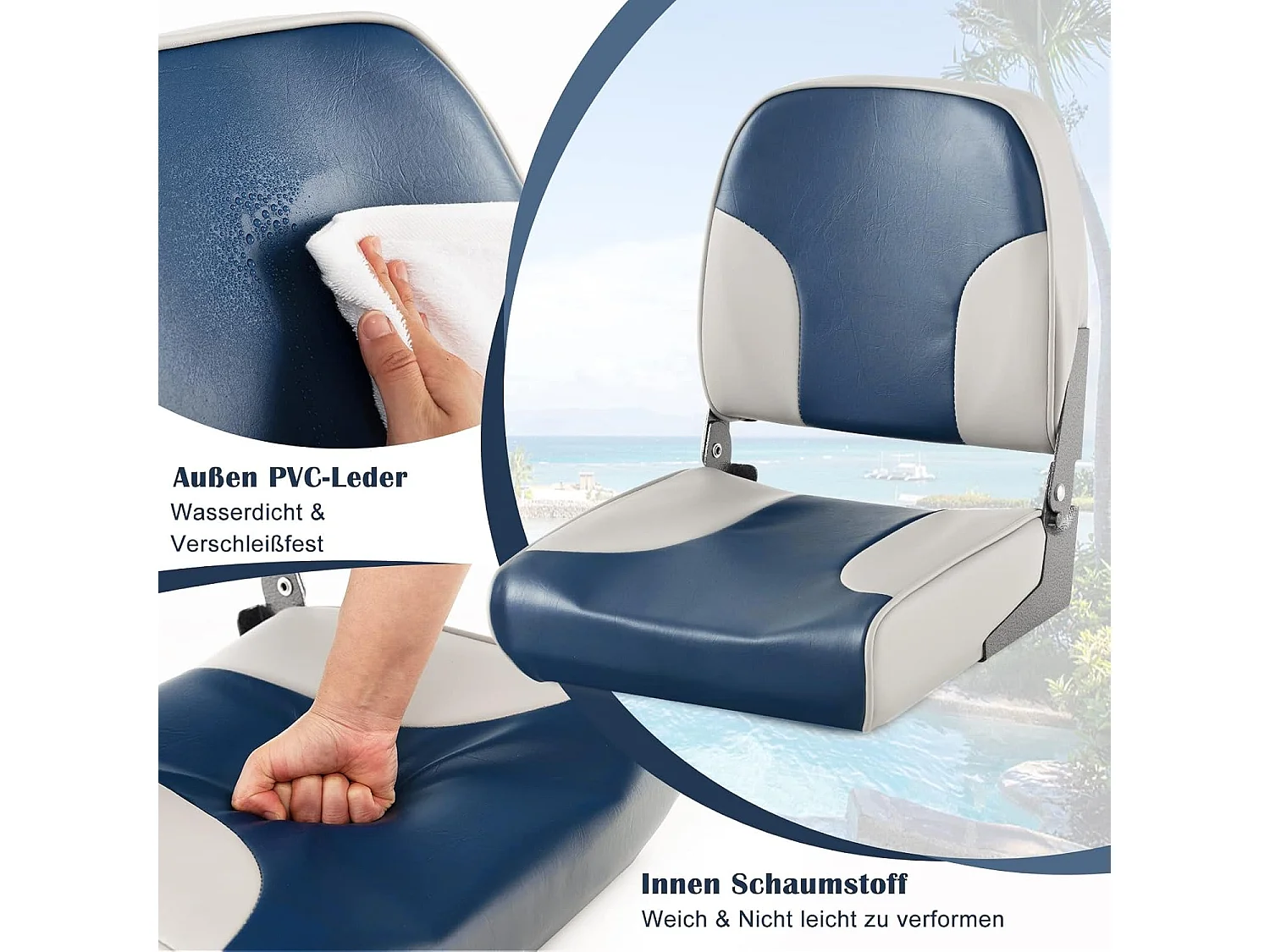 Inklapbare bootstoel, stuurstoel met 12 cm dikke schuimvulling en zachte bekleding, set van 2 stoelen, blauw-greige, 49 x 41 x 47 cmZB33274