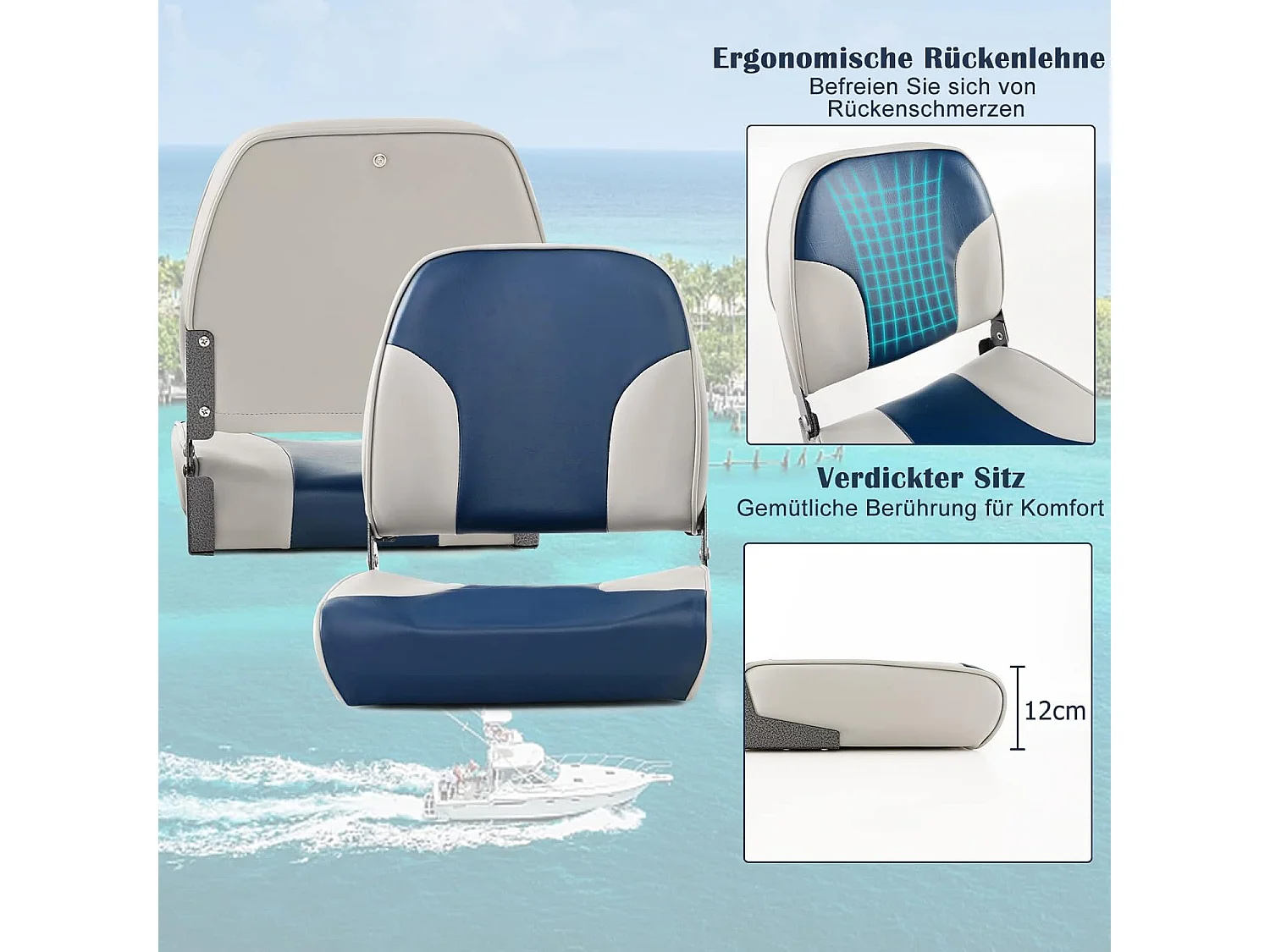Inklapbare bootstoel, stuurstoel met 12 cm dikke schuimvulling en zachte bekleding, set van 2 stoelen, blauw-greige, 49 x 41 x 47 cmZB33274