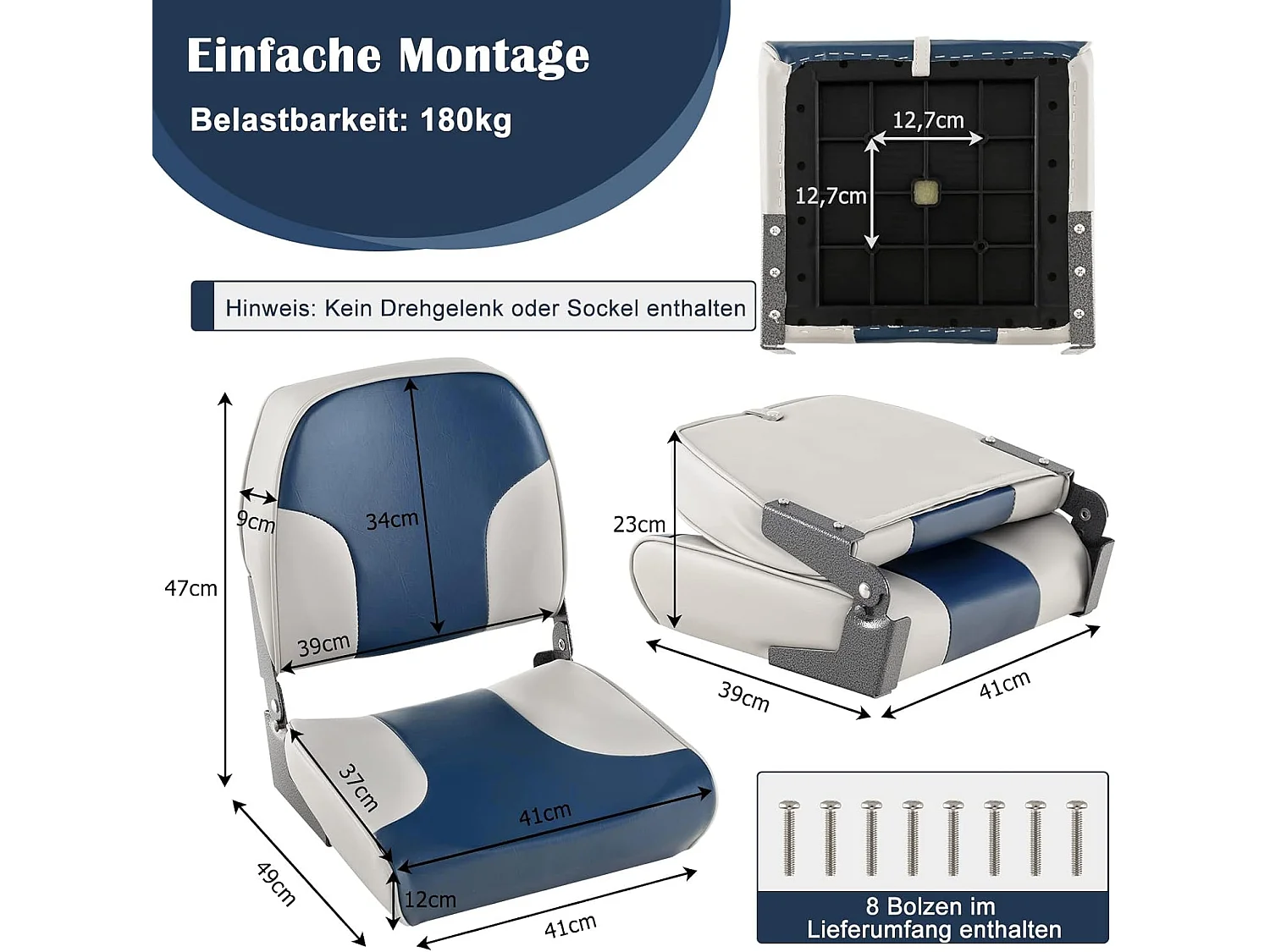 Inklapbare bootstoel, stuurstoel met 12 cm dikke schuimvulling en zachte bekleding, set van 2 stoelen, blauw-greige, 49 x 41 x 47 cmZB33274
