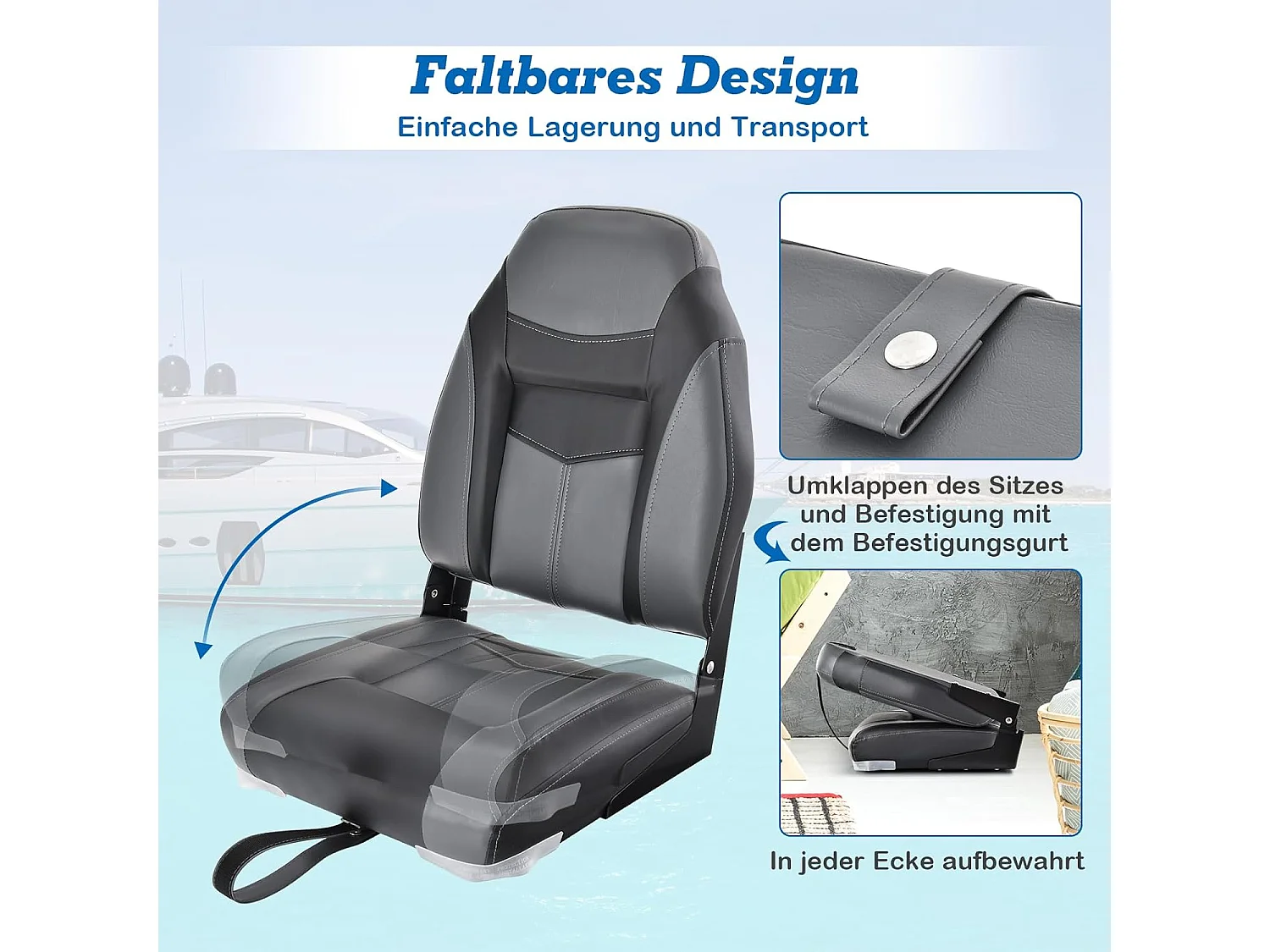 Bootstoel met hoge rugleuning, inklapbare bootstoel met 10 cm dikke sponsvulling, gevoerde stuurstoel voor boten (zwart, enkel)ZB32744