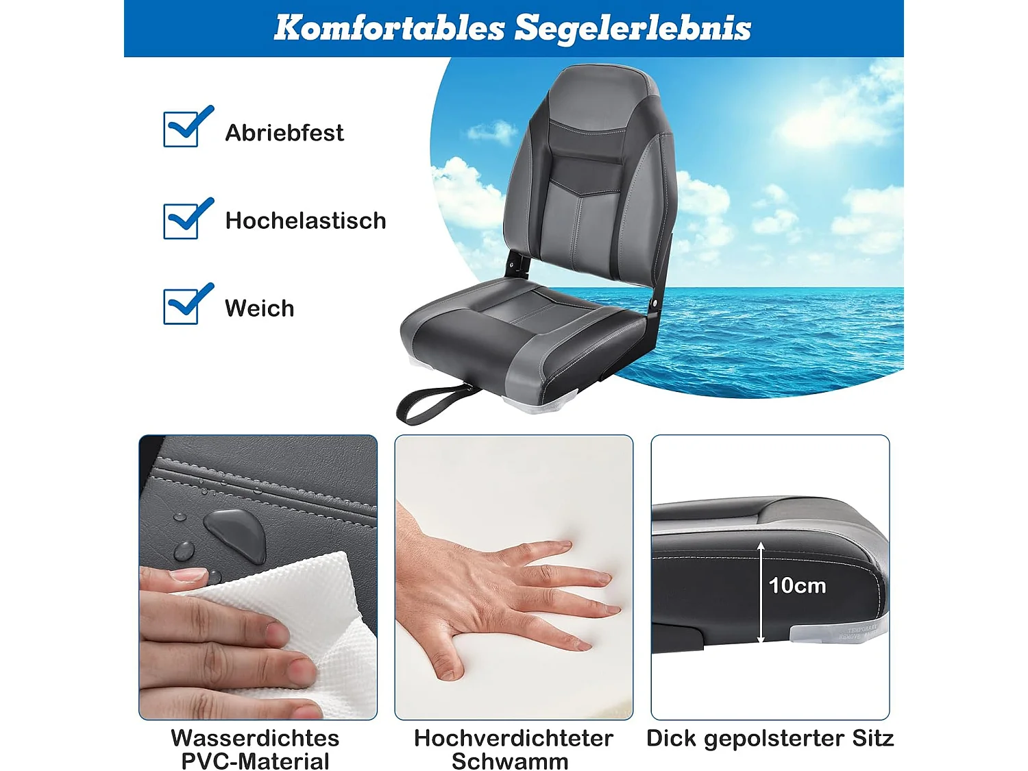 Bootstoel met hoge rugleuning, inklapbare bootstoel met 10 cm dikke sponsvulling, gevoerde stuurstoel voor boten (zwart, enkel)ZB32744