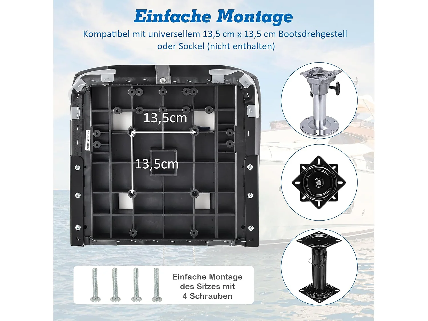 Bootstoel met hoge rugleuning, inklapbare bootstoel met 10 cm dikke sponsvulling, gevoerde stuurstoel voor boten (zwart, enkel)ZB32744