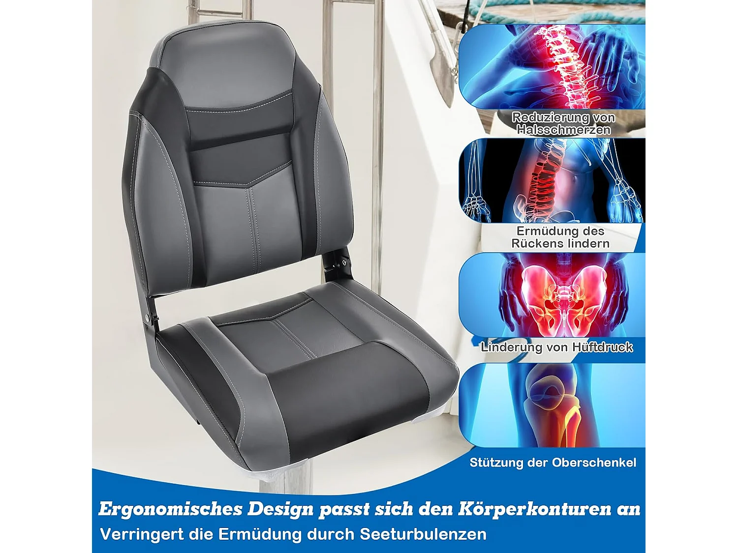 Bootstoel met hoge rugleuning, inklapbare bootstoel met 10 cm dikke sponsvulling, gevoerde stuurstoel voor boten (zwart, enkel)ZB32744