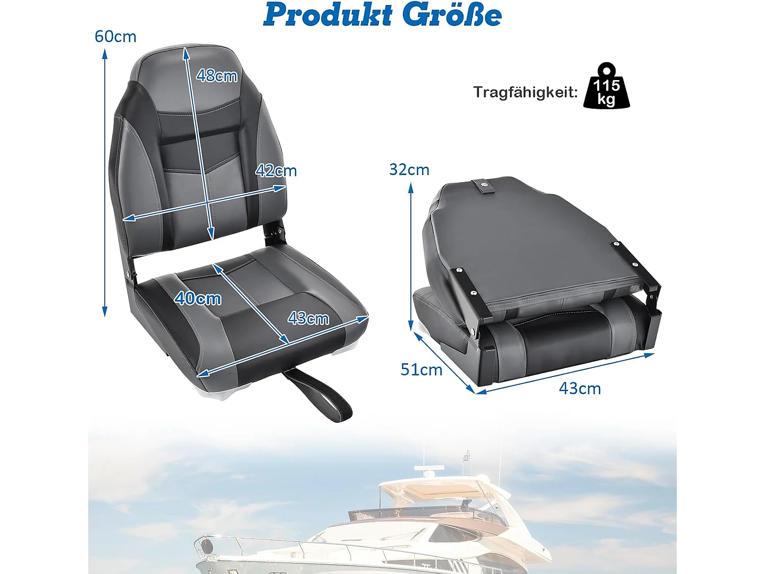 Bootstoel met hoge rugleuning, inklapbare bootstoel met 10 cm dikke sponsvulling, gevoerde stuurstoel voor boten (zwart, enkel)ZB32744