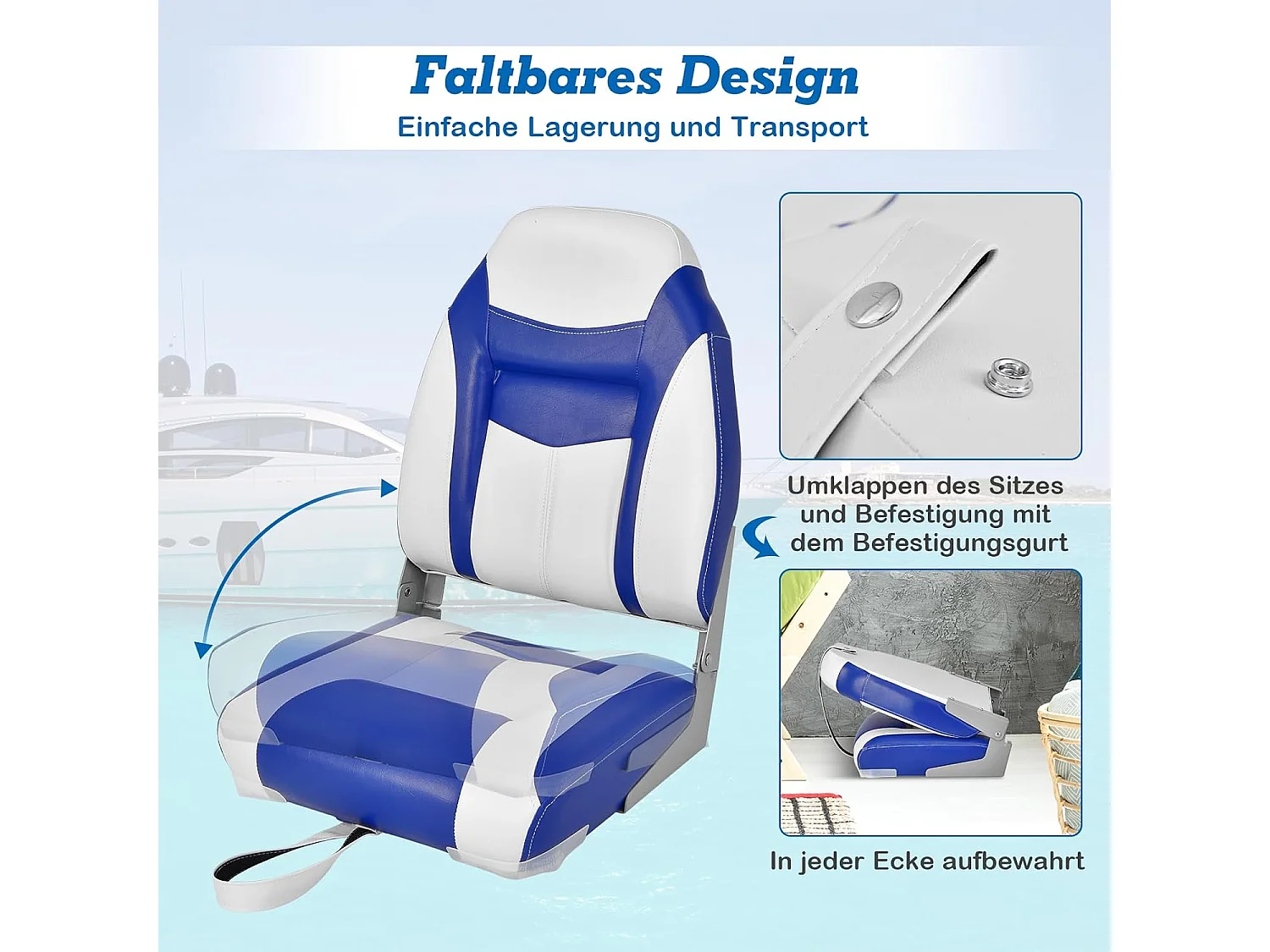 Bootstoel met hoge rugleuning, opklapbare bootstoel met 10 cm dikke sponsvulling, gevoerde stuurstoel voor boten (blauw-wit, enkel)ZB32744