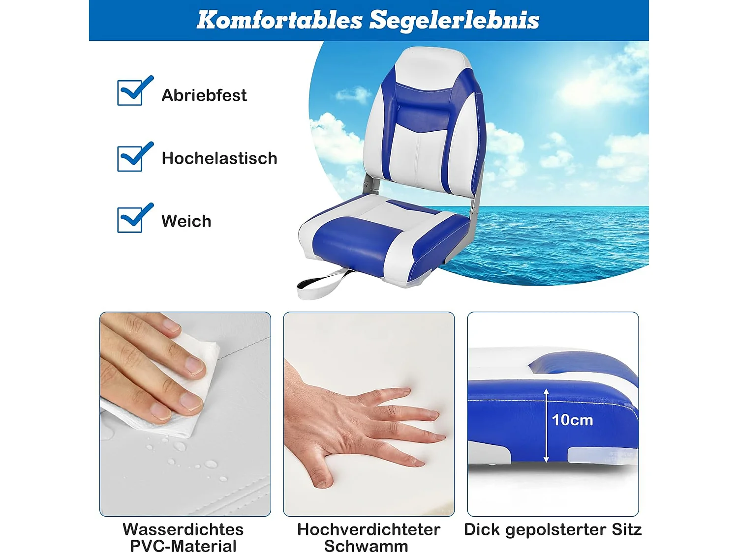 Bootstoel met hoge rugleuning, opklapbare bootstoel met 10 cm dikke sponsvulling, gevoerde stuurstoel voor boten (blauw-wit, enkel)ZB32744