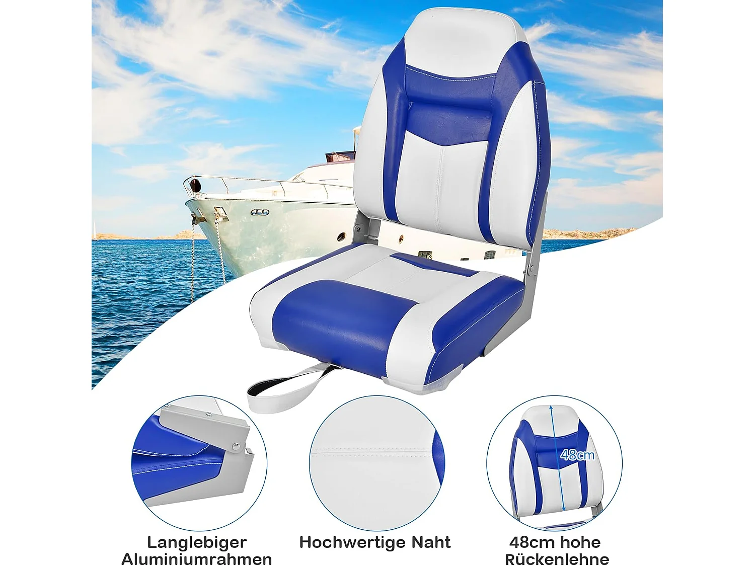 Bootstoel met hoge rugleuning, opklapbare bootstoel met 10 cm dikke sponsvulling, gevoerde stuurstoel voor boten (blauw-wit, enkel)ZB32744