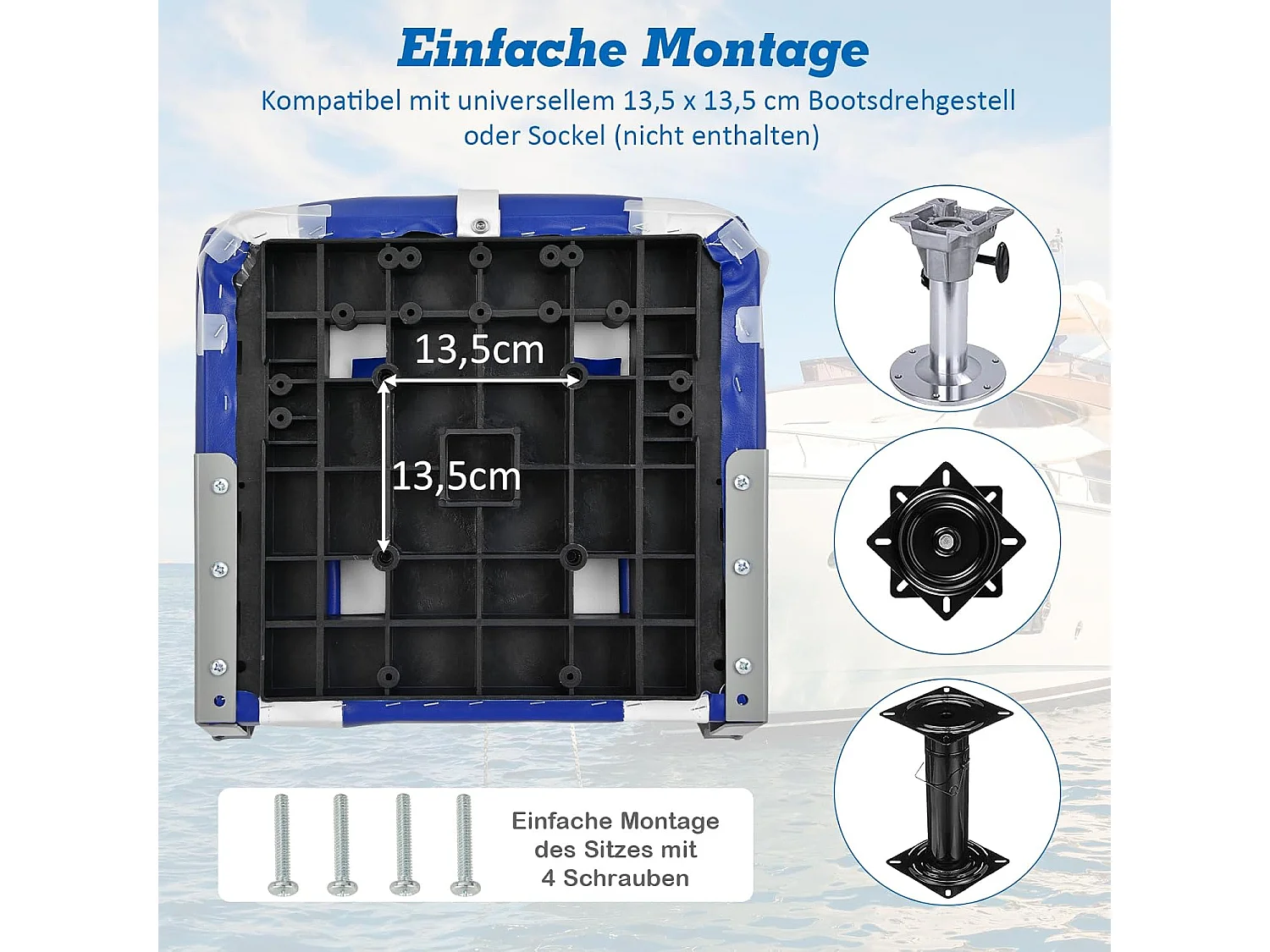 Bootstoel met hoge rugleuning, opklapbare bootstoel met 10 cm dikke sponsvulling, gevoerde stuurstoel voor boten (blauw-wit, enkel)ZB32744