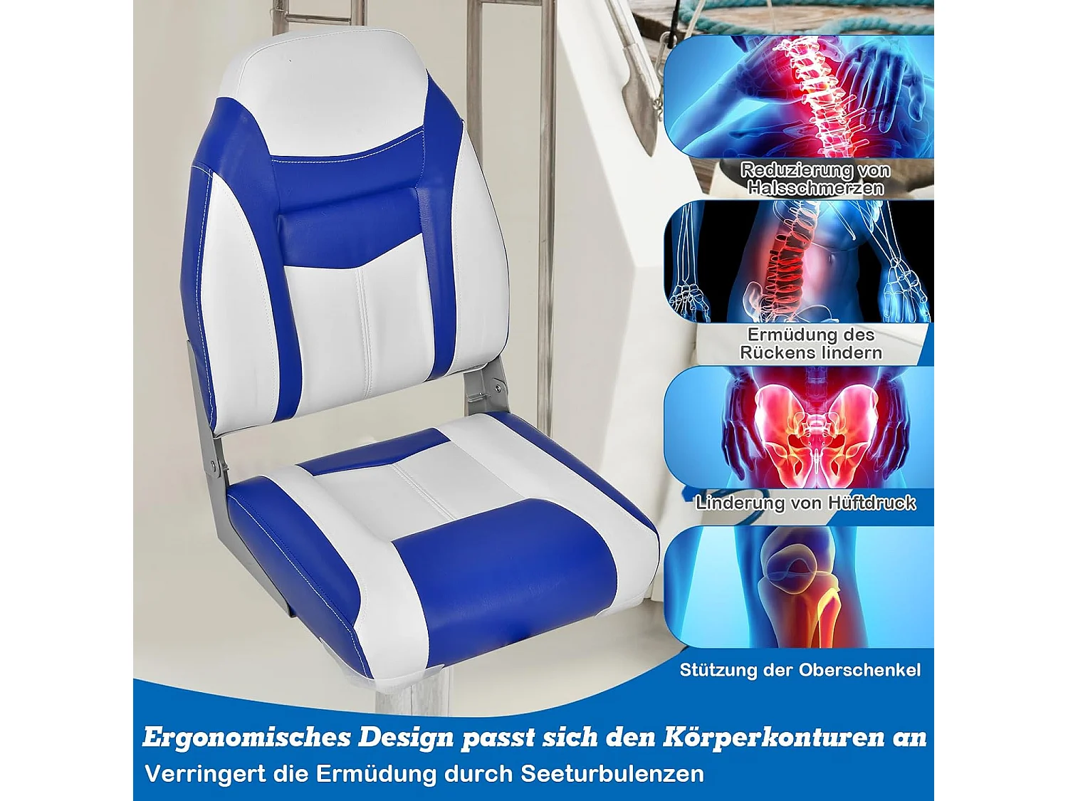 Bootstoel met hoge rugleuning, opklapbare bootstoel met 10 cm dikke sponsvulling, gevoerde stuurstoel voor boten (blauw-wit, enkel)ZB32744