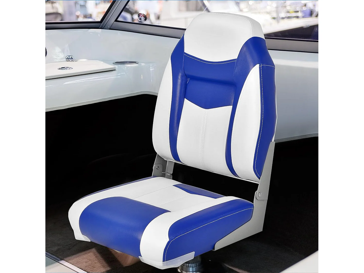 Bootstoel met hoge rugleuning, opklapbare bootstoel met 10 cm dikke sponsvulling, gevoerde stuurstoel voor boten (blauw-wit, enkel)ZB32744