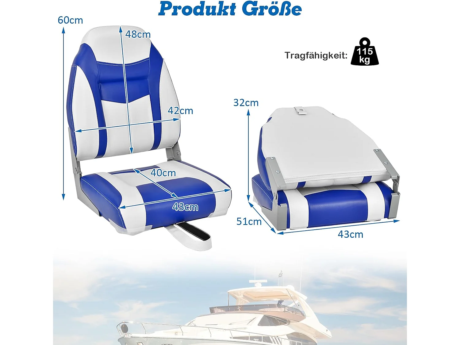 Bootstoel met hoge rugleuning, opklapbare bootstoel met 10 cm dikke sponsvulling, gevoerde stuurstoel voor boten (blauw-wit, enkel)ZB32744