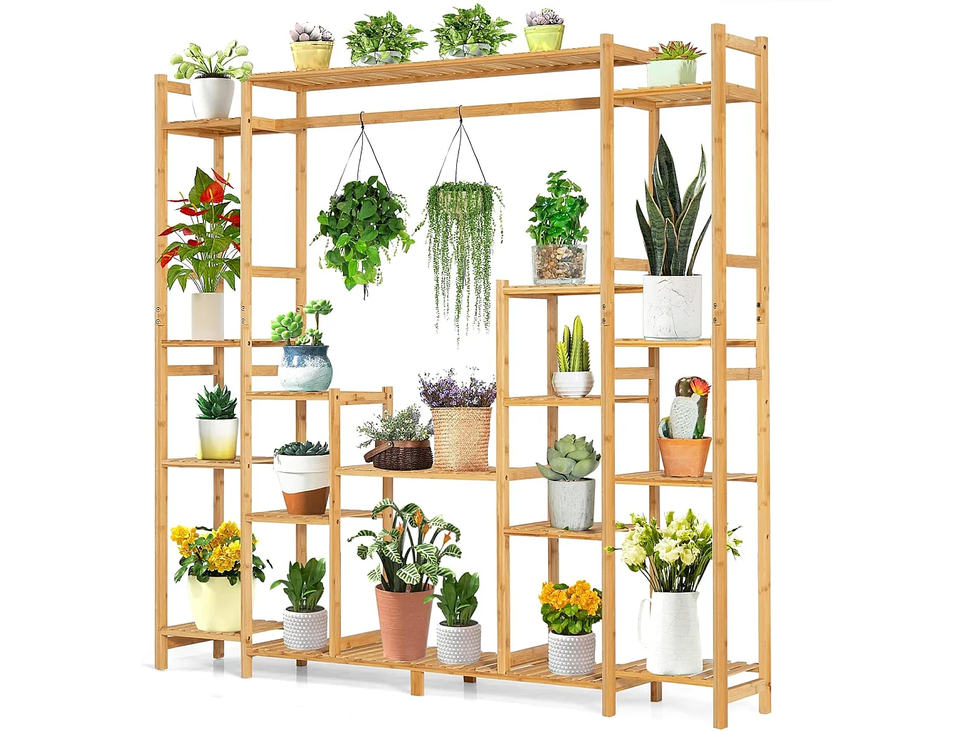 Plantenrek, bamboe, staand rek met 9 niveaus, ruimteverdeler, bloemenrek met hangframe, traprek, plantenstandaard, bamboerek voor badkamer, woonkamer, tuin