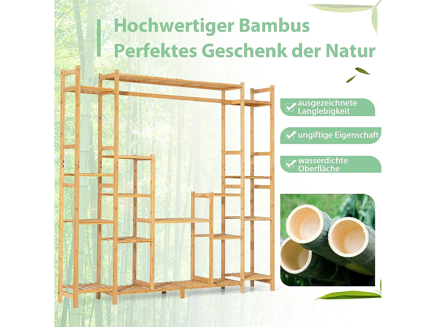 Plantenrek, bamboe, staand rek met 9 niveaus, ruimteverdeler, bloemenrek met hangframe, traprek, plantenstandaard, bamboerek voor badkamer, woonkamer, tuin