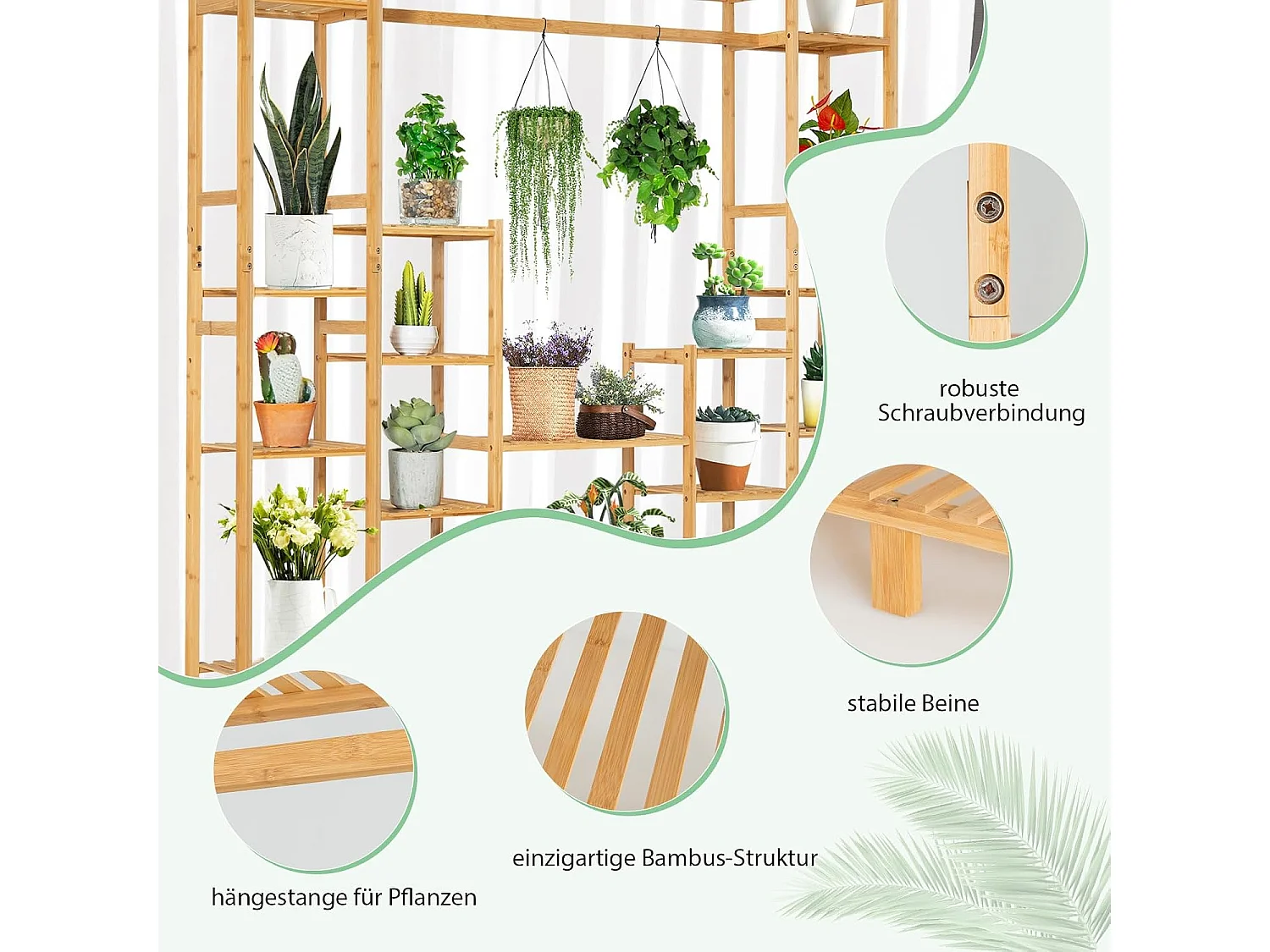 Plantenrek, bamboe, staand rek met 9 niveaus, ruimteverdeler, bloemenrek met hangframe, traprek, plantenstandaard, bamboerek voor badkamer, woonkamer, tuin