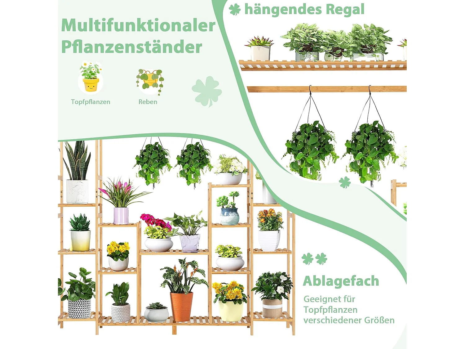 Plantenrek, bamboe, staand rek met 9 niveaus, ruimteverdeler, bloemenrek met hangframe, traprek, plantenstandaard, bamboerek voor badkamer, woonkamer, tuin