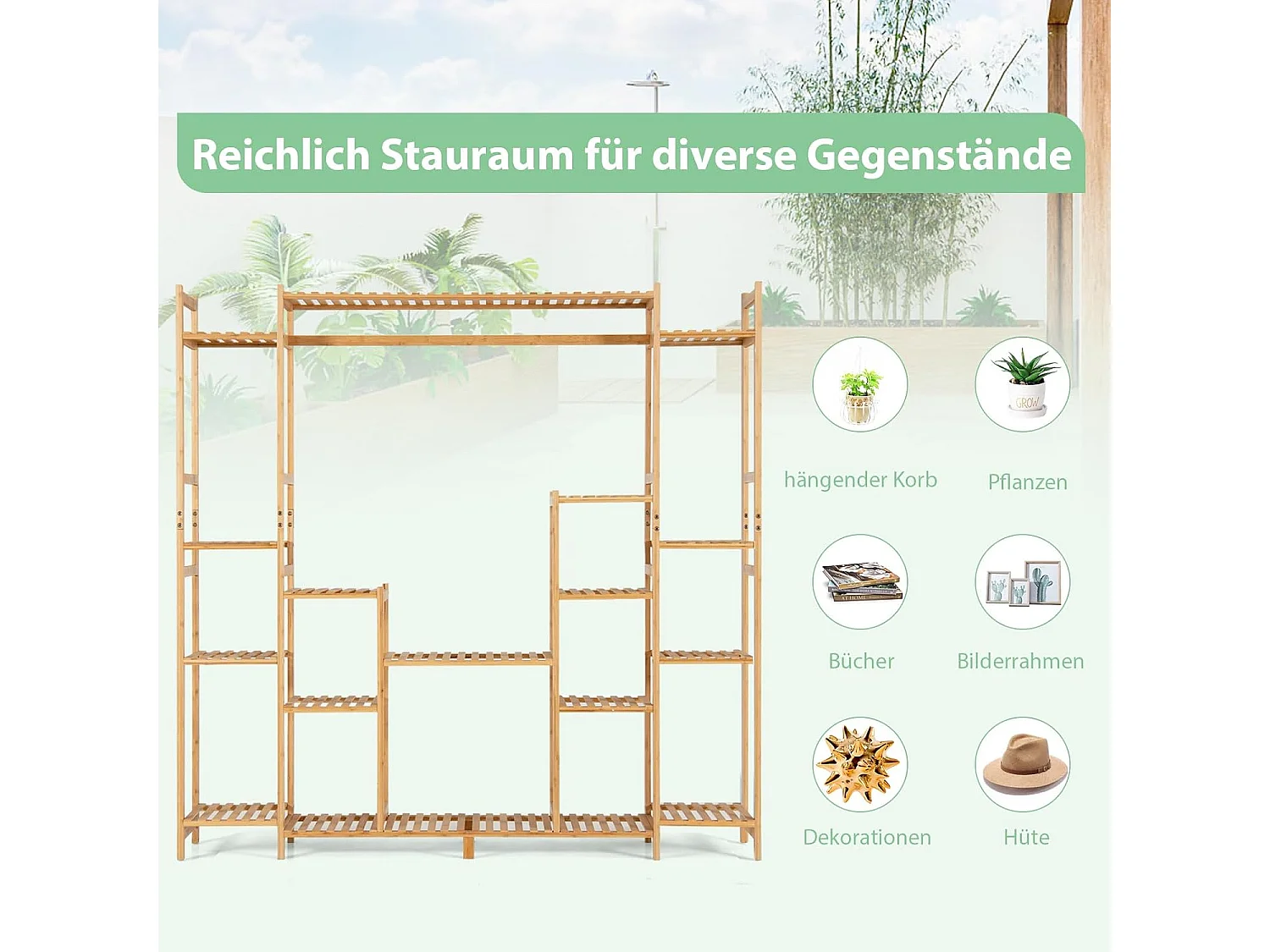 Plantenrek, bamboe, staand rek met 9 niveaus, ruimteverdeler, bloemenrek met hangframe, traprek, plantenstandaard, bamboerek voor badkamer, woonkamer, tuin