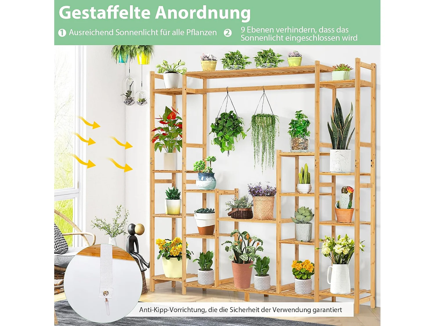 Plantenrek, bamboe, staand rek met 9 niveaus, ruimteverdeler, bloemenrek met hangframe, traprek, plantenstandaard, bamboerek voor badkamer, woonkamer, tuin