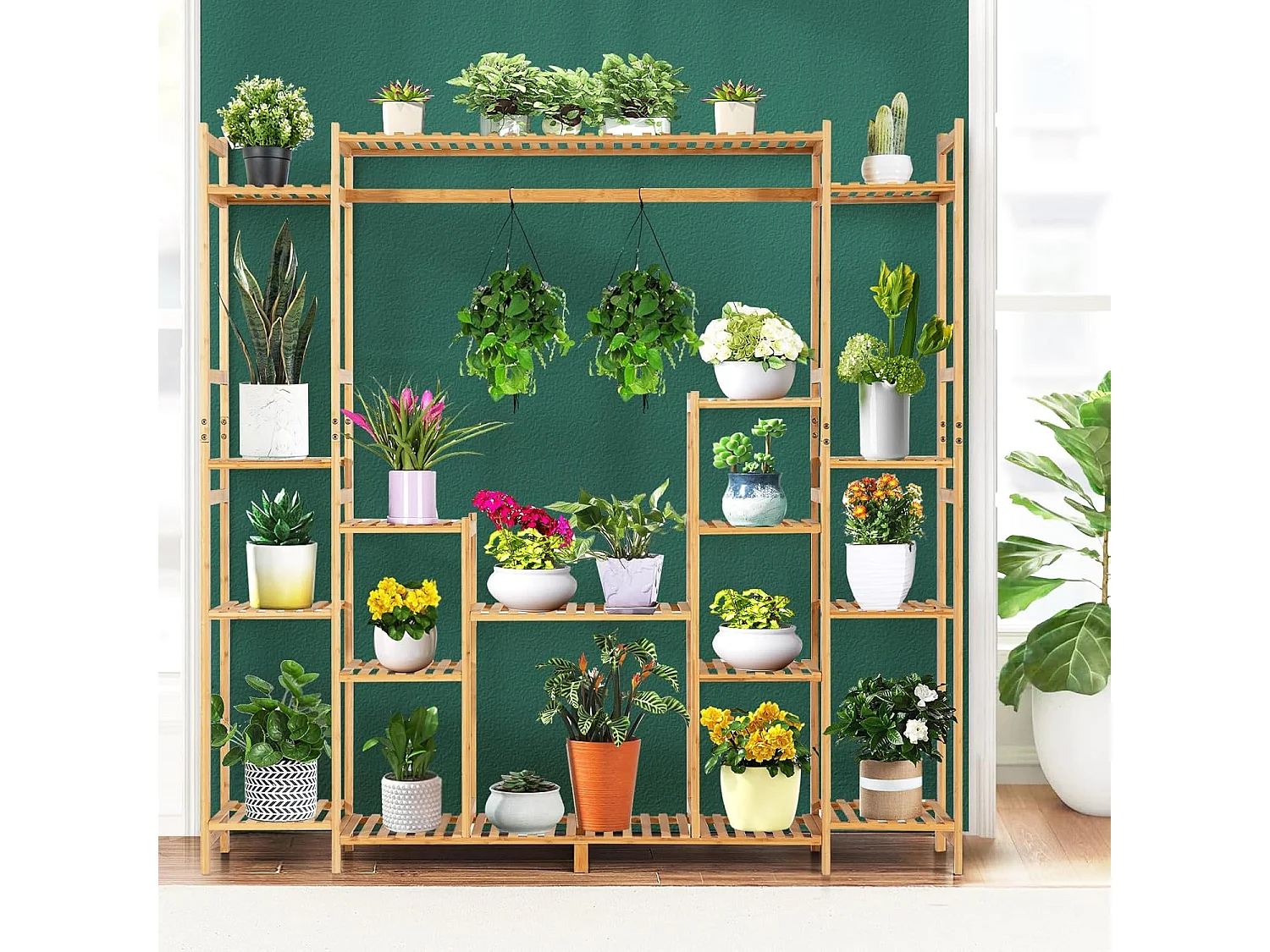 Plantenrek, bamboe, staand rek met 9 niveaus, ruimteverdeler, bloemenrek met hangframe, traprek, plantenstandaard, bamboerek voor badkamer, woonkamer, tuin