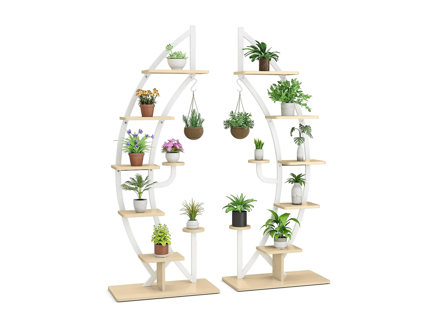 6-traps metalen plantenstandaard in halve maanvorm, bloemenrek met 2 kleine planken en bovenste haken, ladder-plantenrek,bloempotstandaard voor tuin, woonkamer