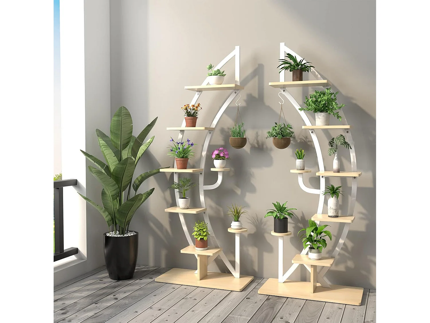 6-traps metalen plantenstandaard in halve maanvorm, bloemenrek met 2 kleine planken en bovenste haken, ladder-plantenrek,bloempotstandaard voor tuin, woonkamer