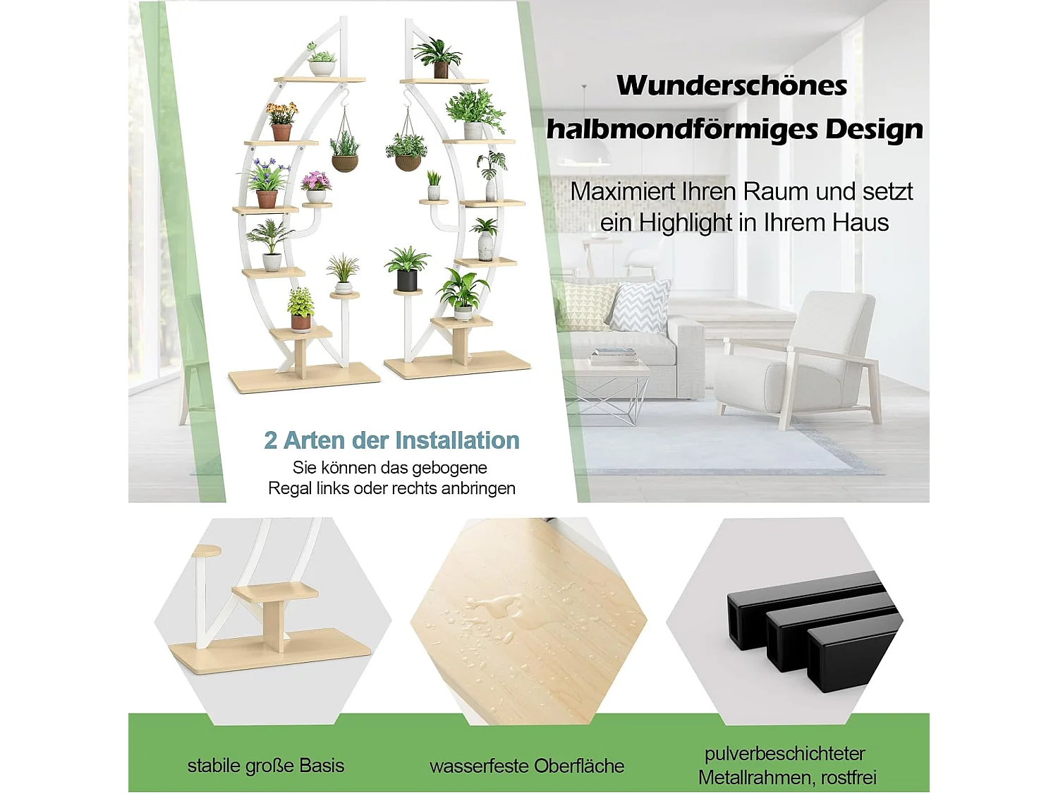 6-traps metalen plantenstandaard in halve maanvorm, bloemenrek met 2 kleine planken en bovenste haken, ladder-plantenrek,bloempotstandaard voor tuin, woonkamer