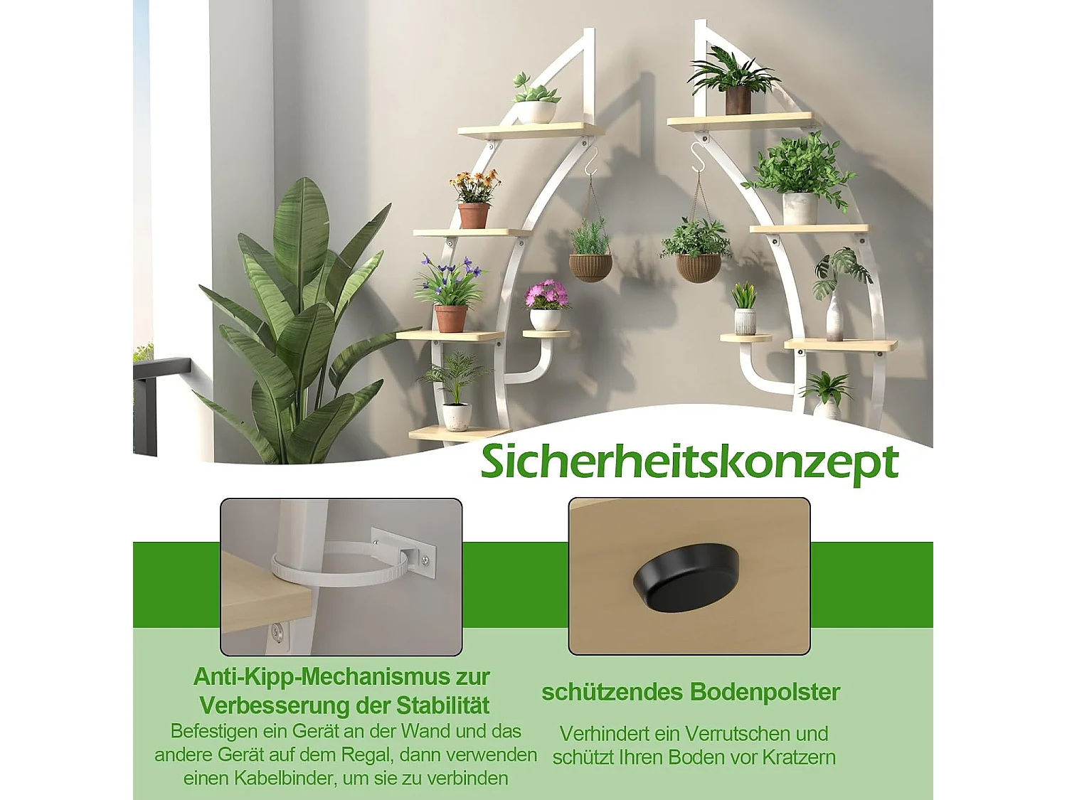 6-traps metalen plantenstandaard in halve maanvorm, bloemenrek met 2 kleine planken en bovenste haken, ladder-plantenrek,bloempotstandaard voor tuin, woonkamer