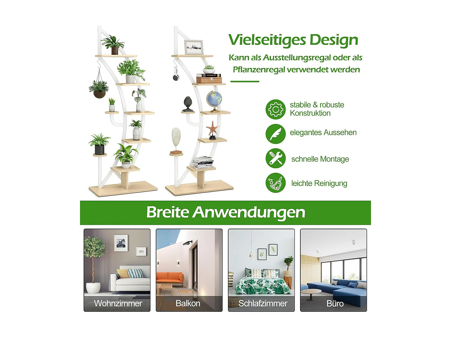 6-traps metalen plantenstandaard in halve maanvorm, bloemenrek met 2 kleine planken en bovenste haken, ladder-plantenrek,bloempotstandaard voor tuin, woonkamer