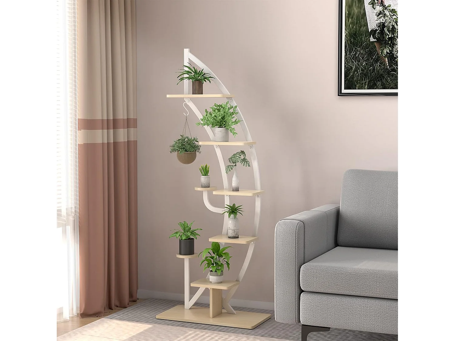 6-traps metalen plantenstandaard in halve maanvorm, bloemenrek met 2 kleine planken en bovenste haken, ladder-plantenrek,bloempotstandaard voor tuin, woonkamer