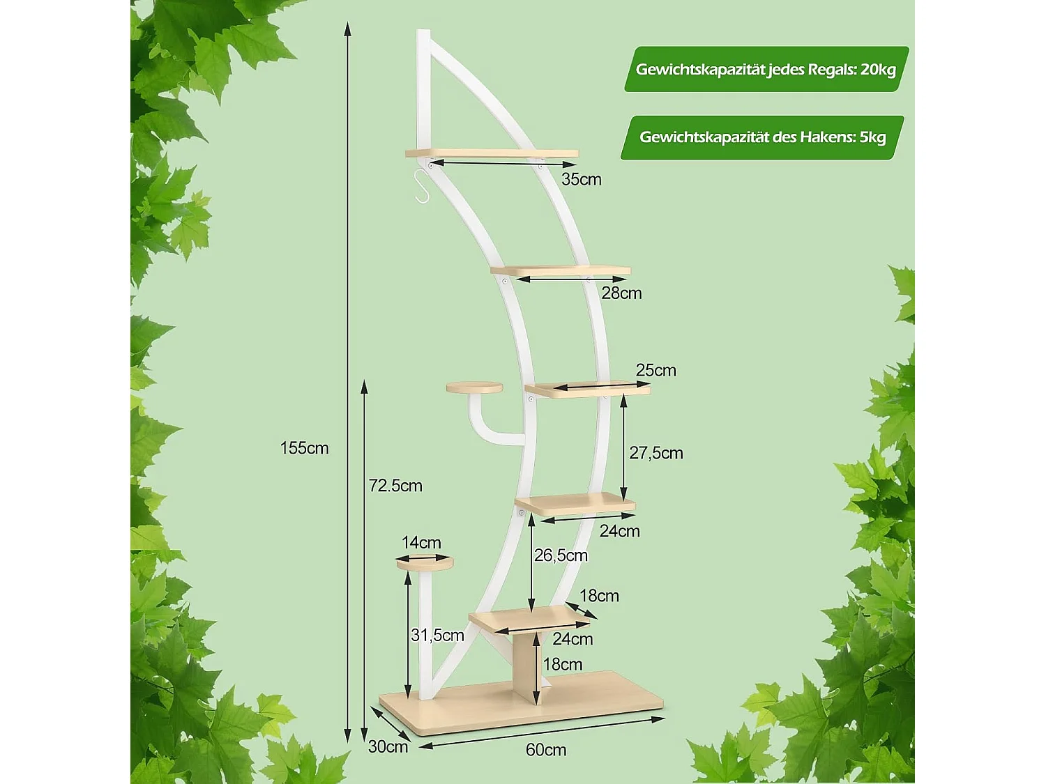 6-traps metalen plantenstandaard in halve maanvorm, bloemenrek met 2 kleine planken en bovenste haken, ladder-plantenrek,bloempotstandaard voor tuin, woonkamer