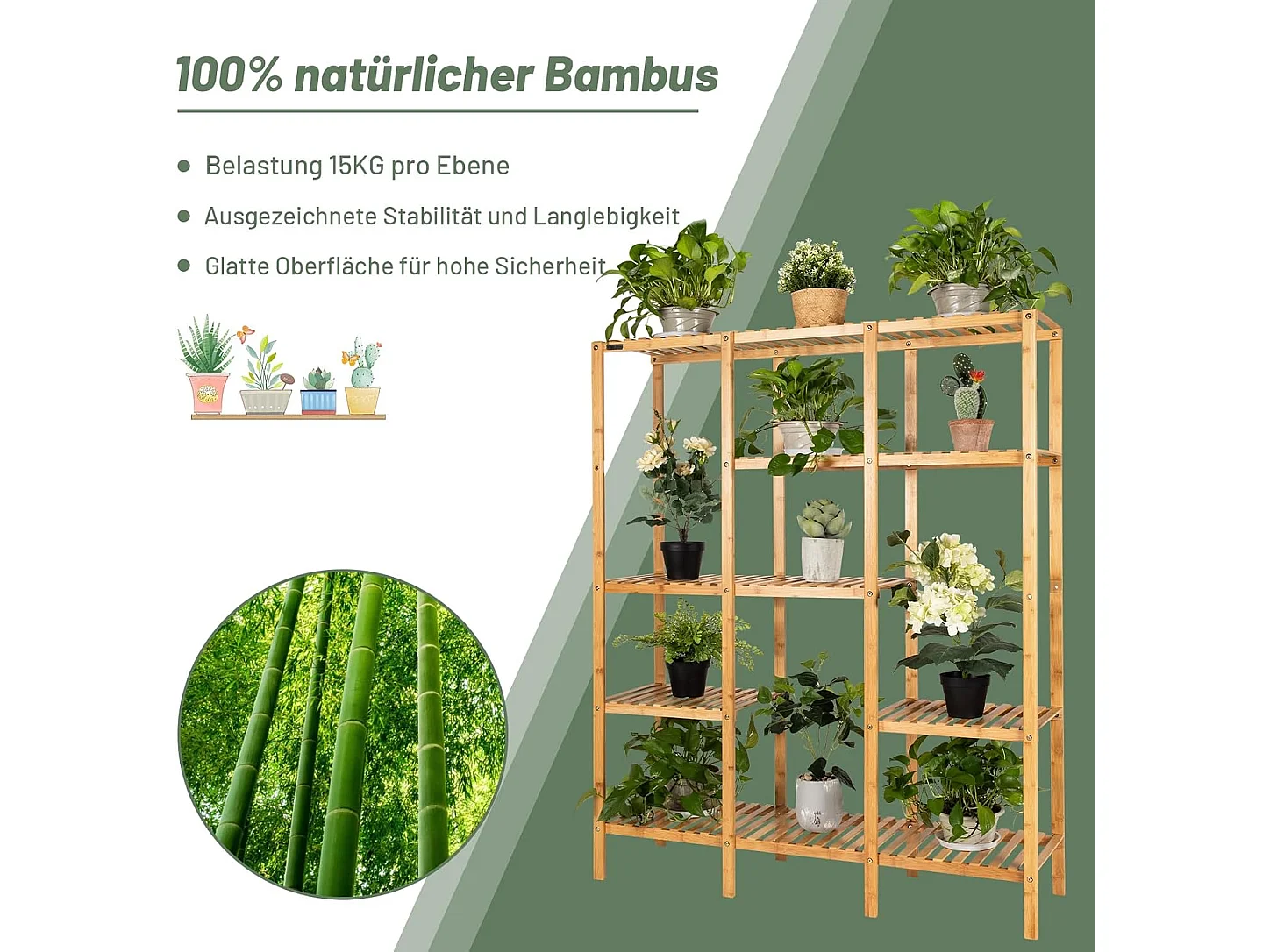 Plantenrek van bamboe, staand rek met 5 niveaus, bloementrap, plantenstandaard met hangrek, trappenrek,bloemenrek voor woonkamer, tuin, balkon, 114 x 31 x 141 cm