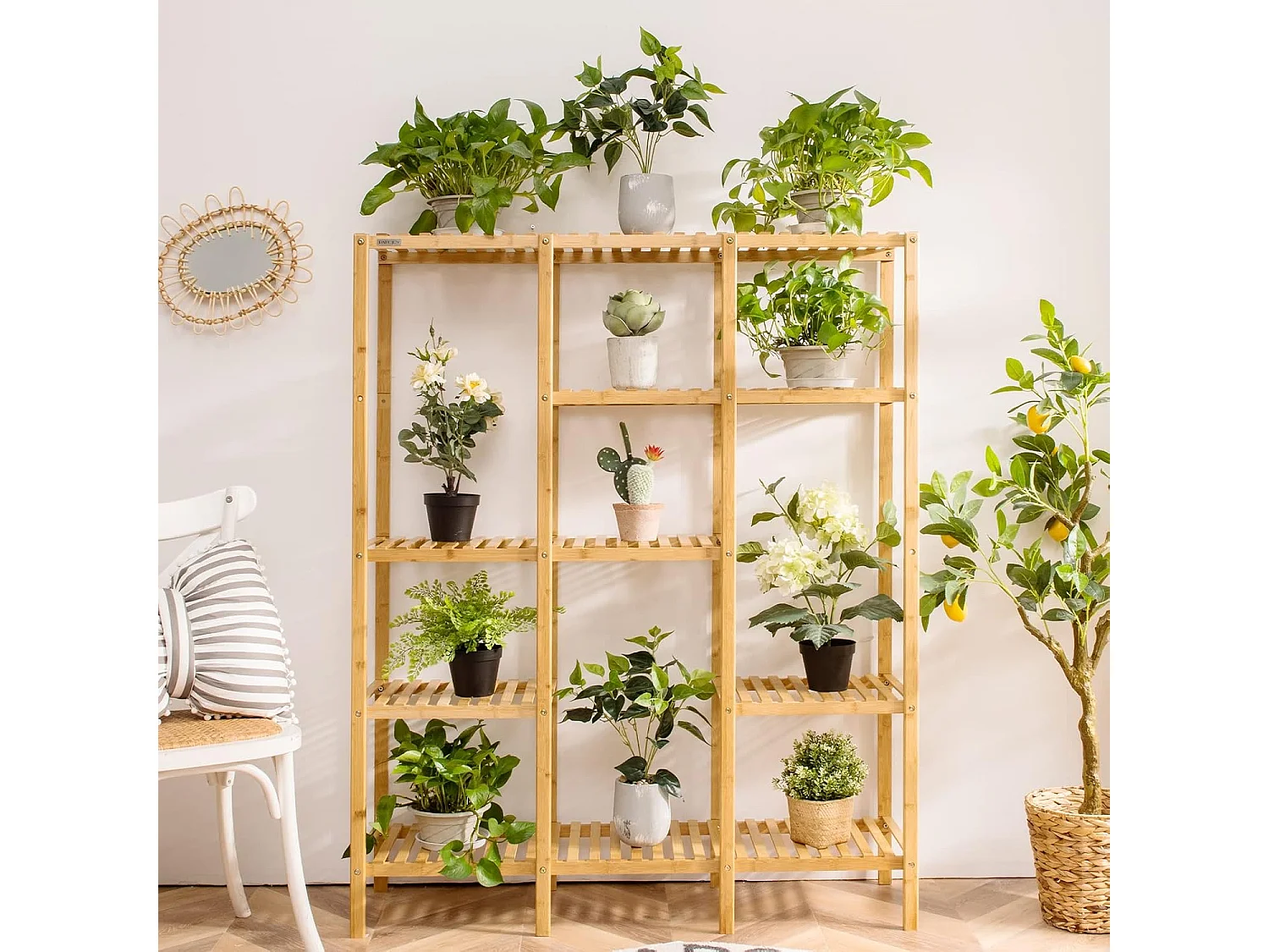 Plantenrek van bamboe, staand rek met 5 niveaus, bloementrap, plantenstandaard met hangrek, trappenrek,bloemenrek voor woonkamer, tuin, balkon, 114 x 31 x 141 cm