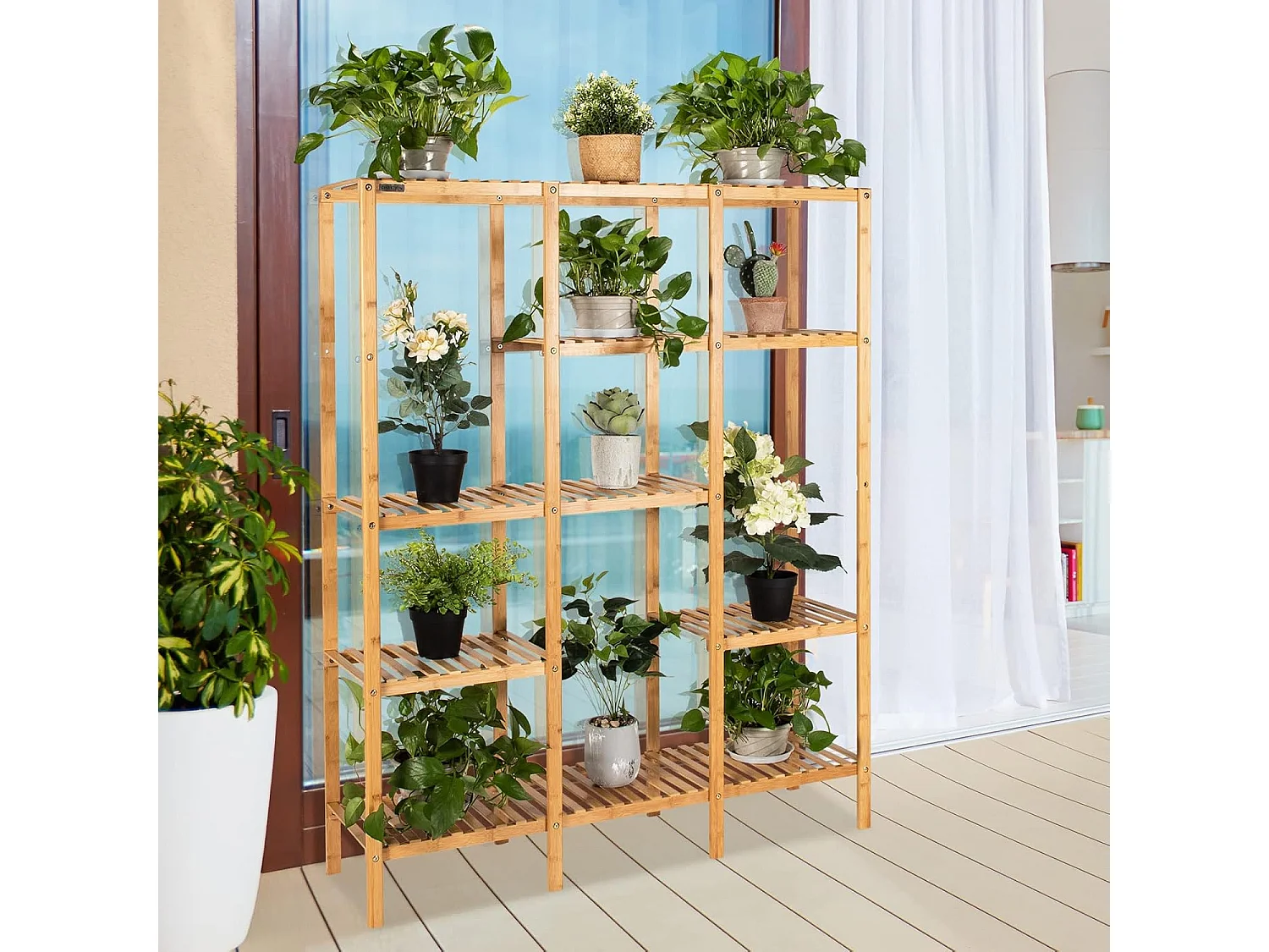 Plantenrek van bamboe, staand rek met 5 niveaus, bloementrap, plantenstandaard met hangrek, trappenrek,bloemenrek voor woonkamer, tuin, balkon, 114 x 31 x 141 cm