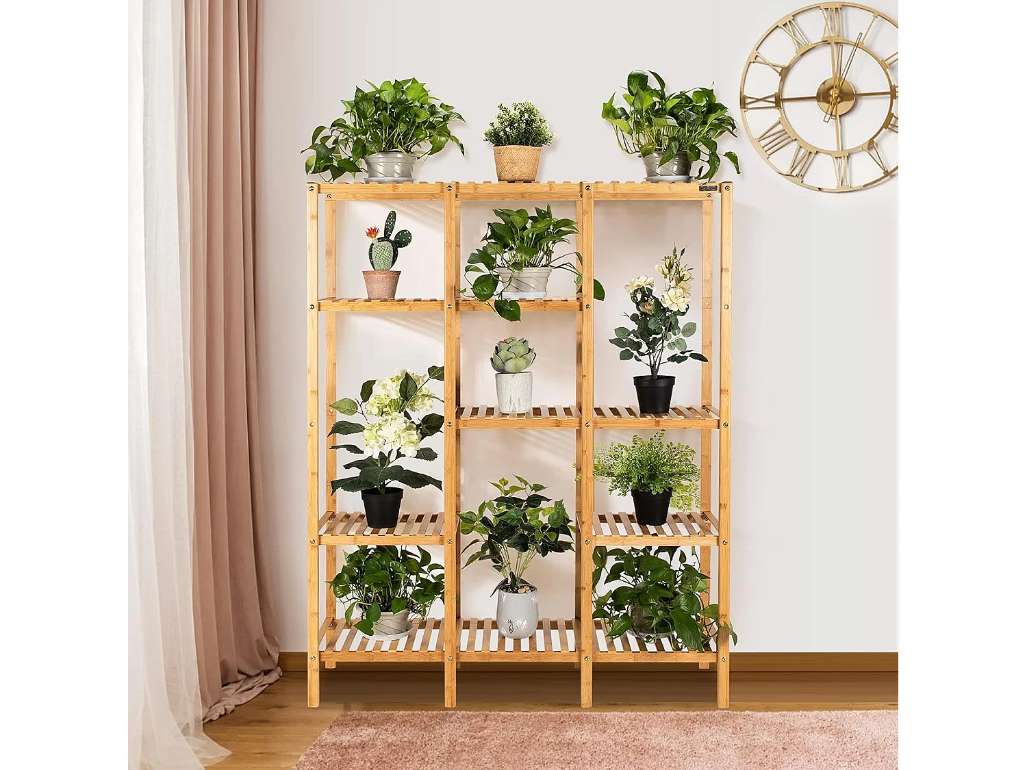 Plantenrek van bamboe, staand rek met 5 niveaus, bloementrap, plantenstandaard met hangrek, trappenrek,bloemenrek voor woonkamer, tuin, balkon, 114 x 31 x 141 cm