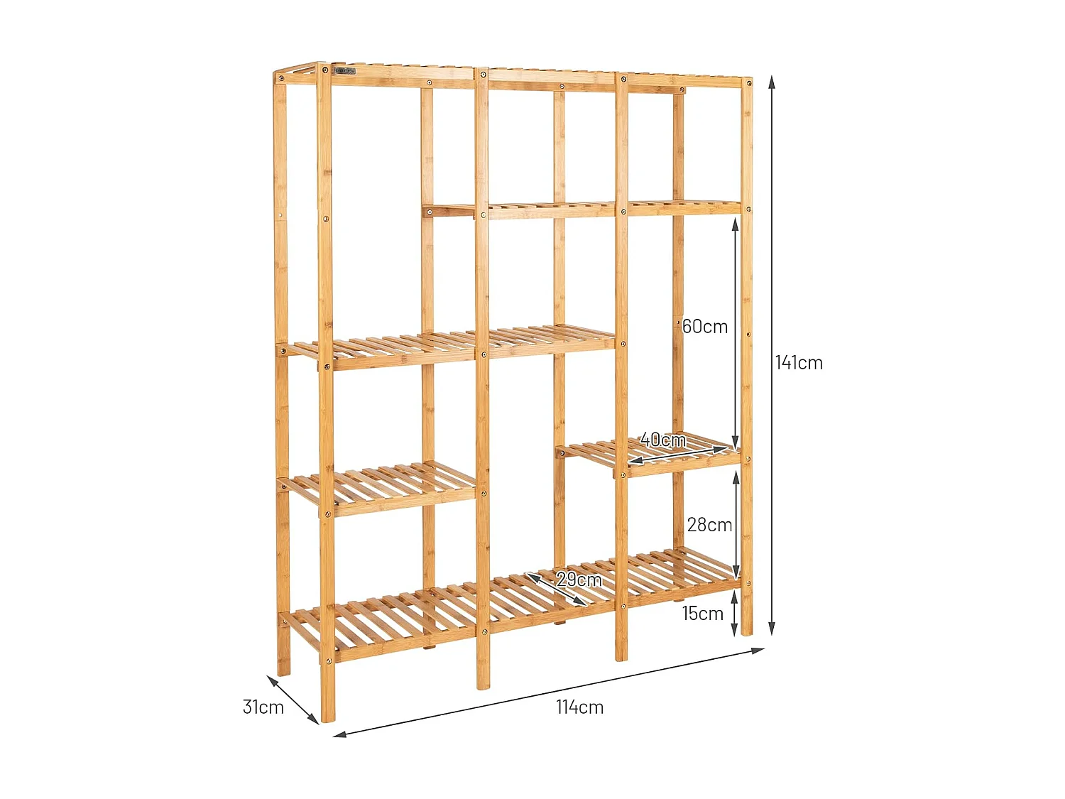 Plantenrek van bamboe, staand rek met 5 niveaus, bloementrap, plantenstandaard met hangrek, trappenrek,bloemenrek voor woonkamer, tuin, balkon, 114 x 31 x 141 cm