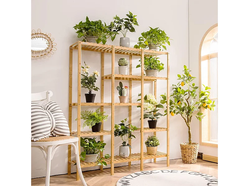 Plantenrek van bamboe, staand rek met 5 niveaus, bloementrap, plantenstandaard met hangrek, trappenrek,bloemenrek voor woonkamer, tuin, balkon, 114 x 31 x 141 cm