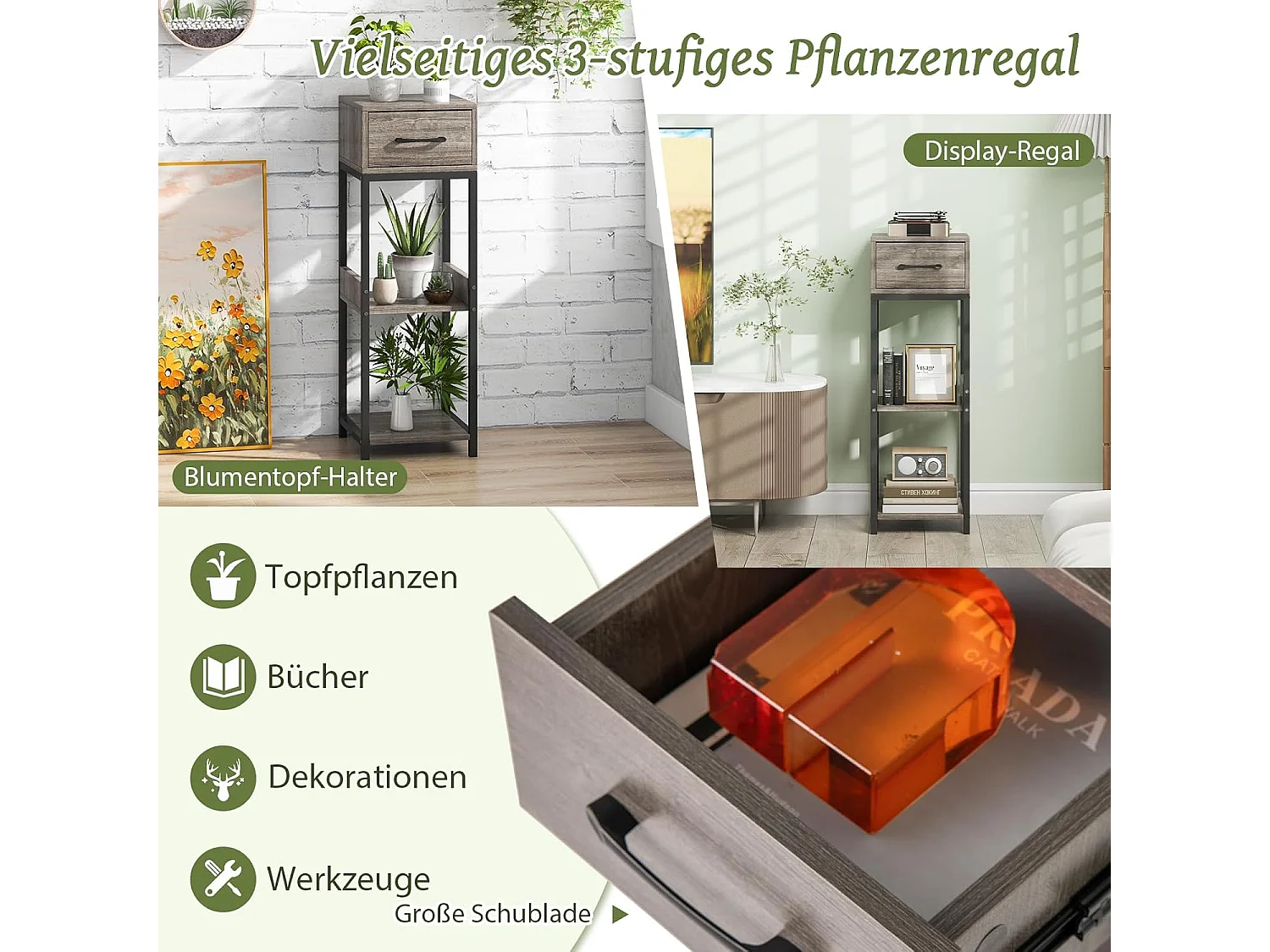 Metalen plantenstandaard,3 etages, bloemenstandaard met lade, plantentrap met kantelbeveiliging, bloemenrek,voor balkon, woonkamer, hout TL32436