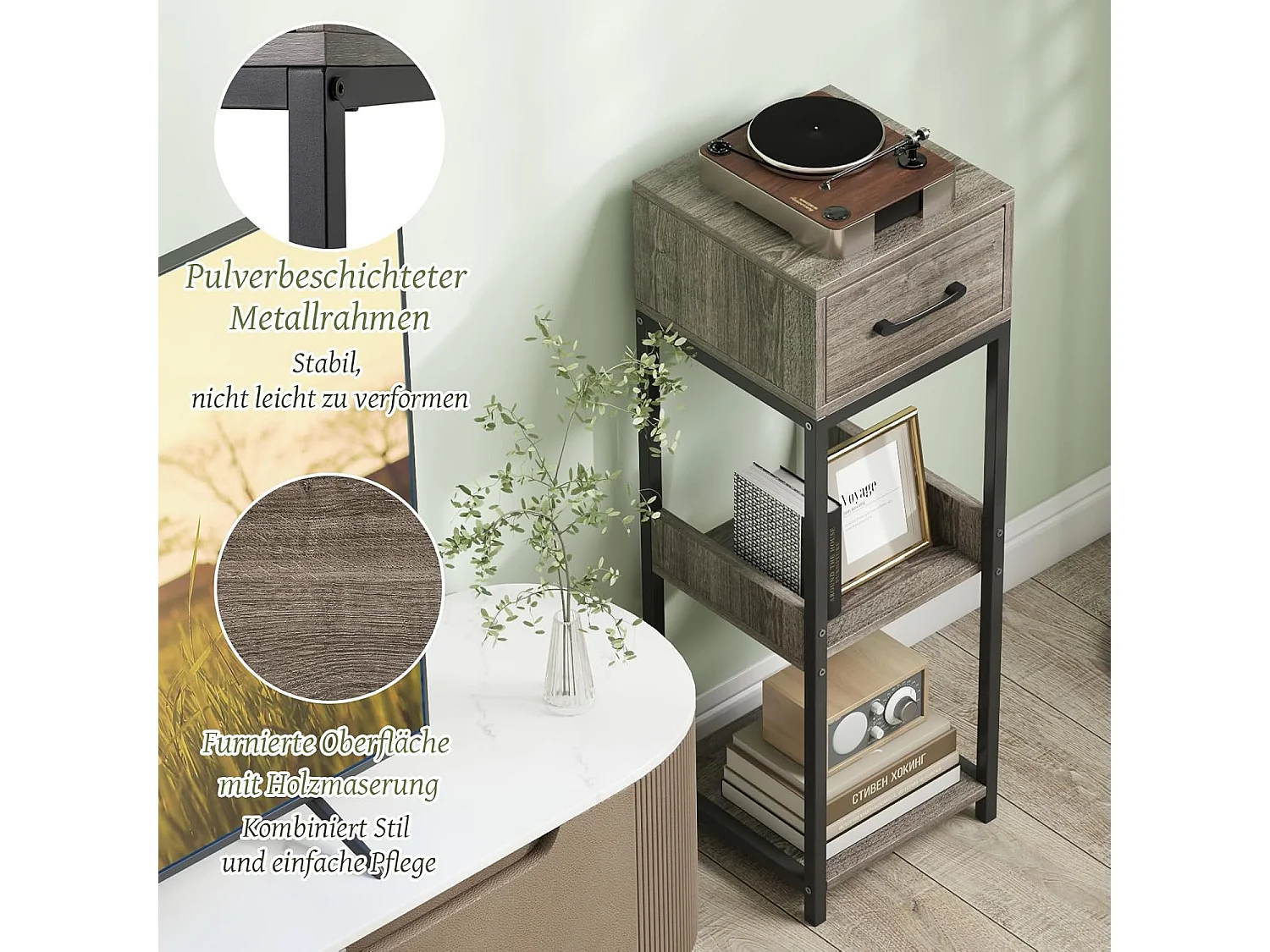 Metalen plantenstandaard,3 etages, bloemenstandaard met lade, plantentrap met kantelbeveiliging, bloemenrek,voor balkon, woonkamer, hout TL32436