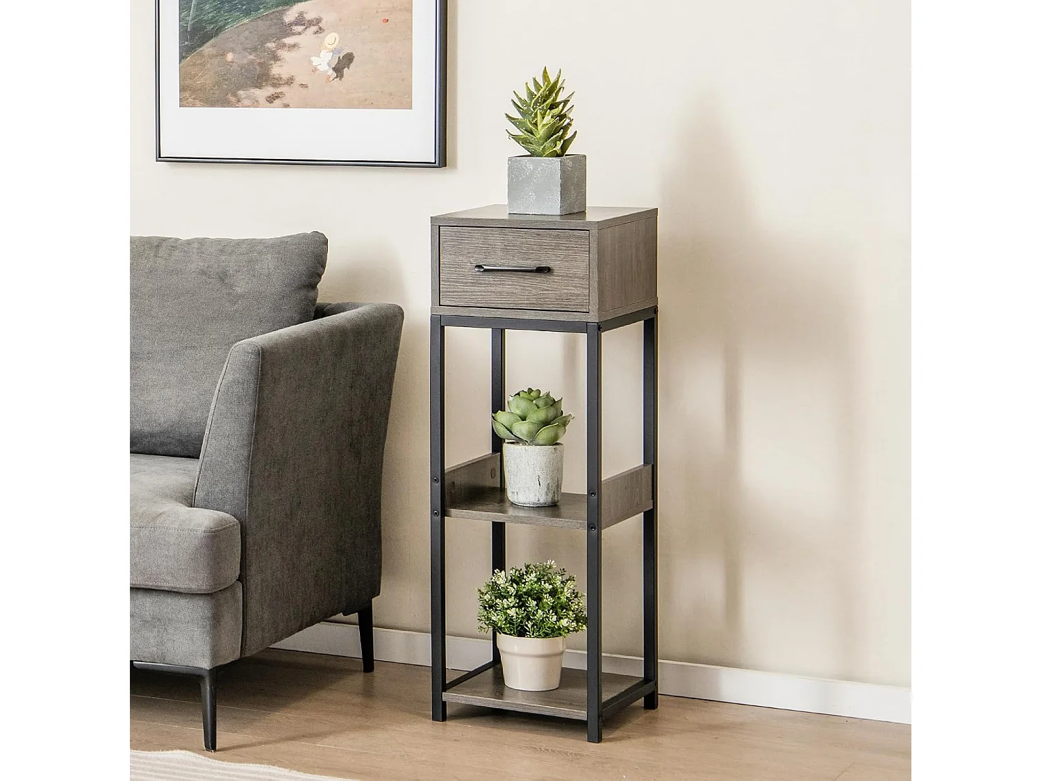 Metalen plantenstandaard,3 etages, bloemenstandaard met lade, plantentrap met kantelbeveiliging, bloemenrek,voor balkon, woonkamer, hout TL32436