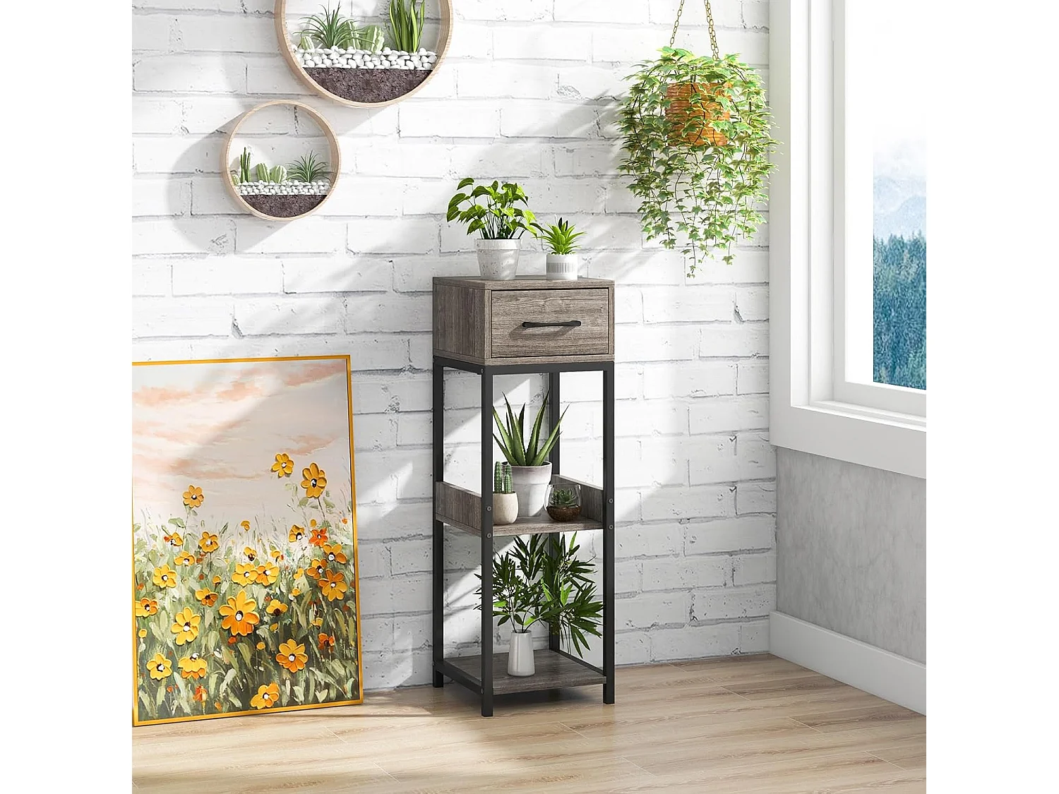 Metalen plantenstandaard,3 etages, bloemenstandaard met lade, plantentrap met kantelbeveiliging, bloemenrek,voor balkon, woonkamer, hout TL32436