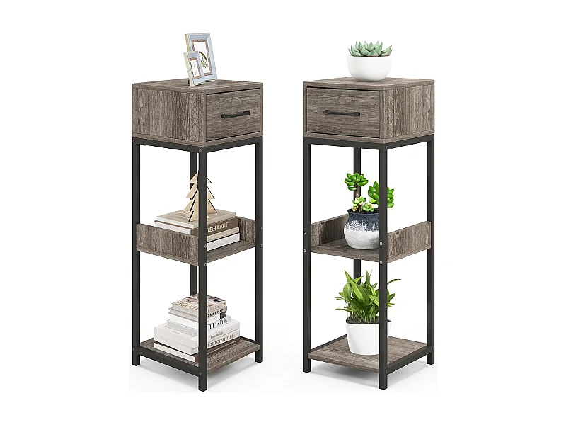 Metalen plantenstandaard,3 etages, bloemenstandaard met lade, plantentrap met kantelbeveiliging, bloemenrek,voor balkon, woonkamer, hout TL32436