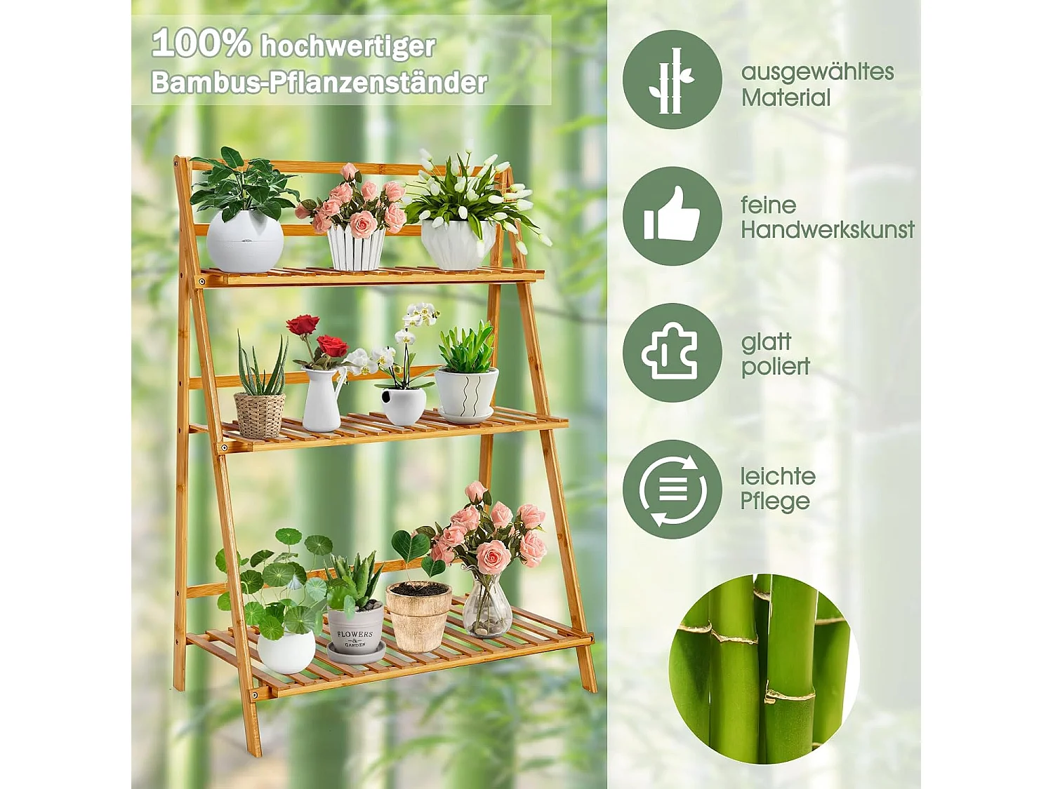 Plantenladder met 3 niveaus, inklapbaar, bamboe, bloemenrek, vrijstaand, bloemenstandaard voor binnen en buiten, bloementrap, plantentrap, ladderrek, natuurTL32259