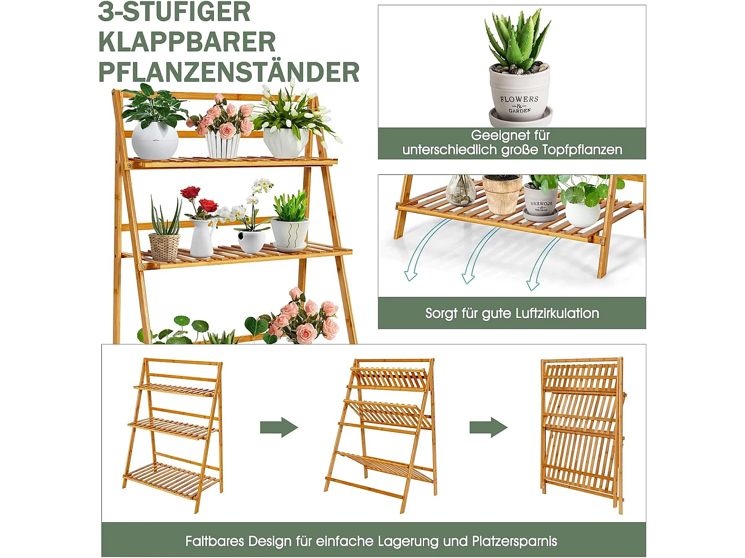 Plantenladder met 3 niveaus, inklapbaar, bamboe, bloemenrek, vrijstaand, bloemenstandaard voor binnen en buiten, bloementrap, plantentrap, ladderrek, natuurTL32259